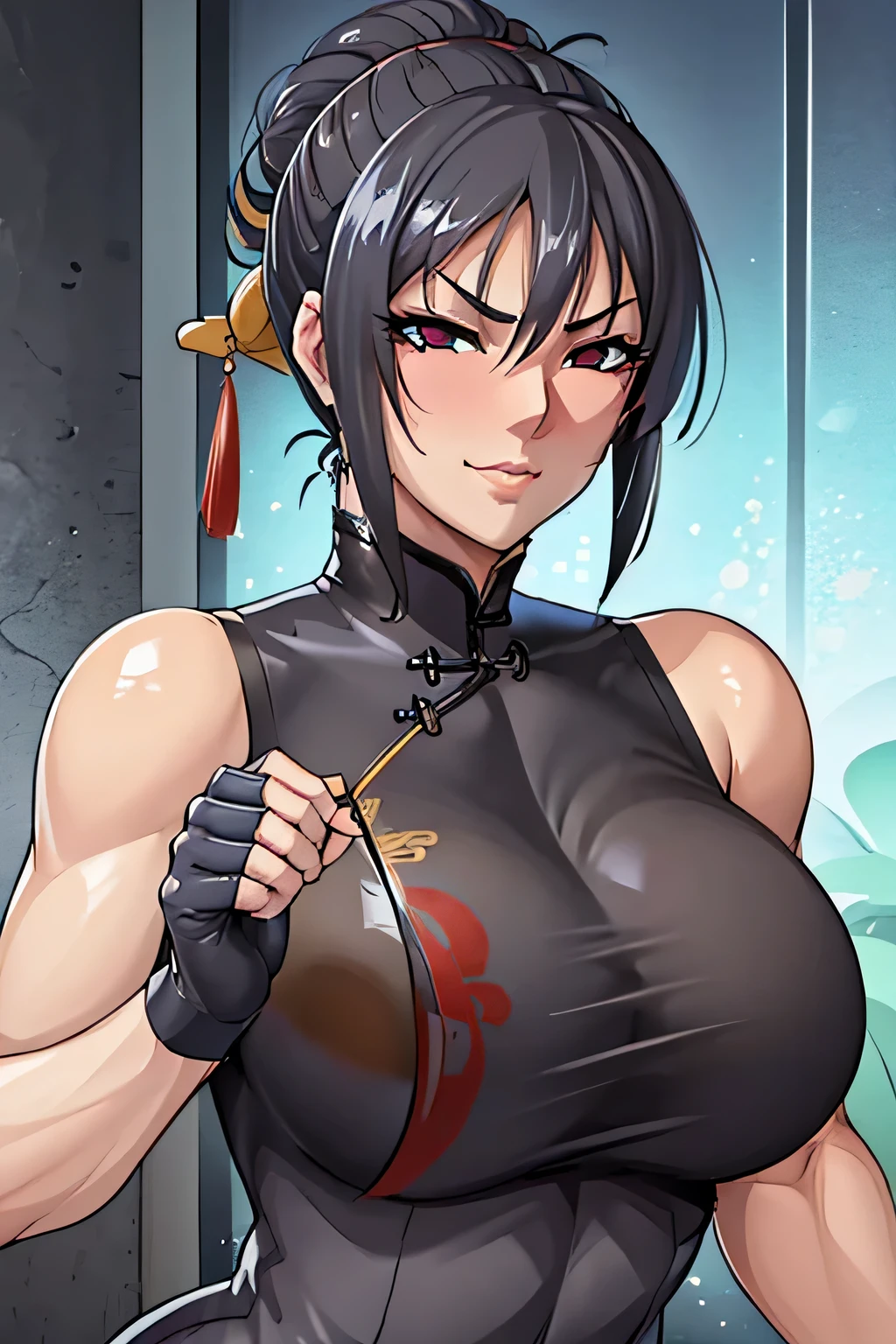 
anime style, upper body portrait, muscular Chinese female assassin and kung fu master, sharp predatory eyes with  smile, short black hair styled in tight bun, wearing (((deep red traditional Chinese qipao))) with , muscular broad shoulders and defined arms and thighs, black fighting gloves, black long stockings, photorealistic anime lighting, masterpiece, 8k, high quality, simple dark background, atmosphere of cold ruthless strength

