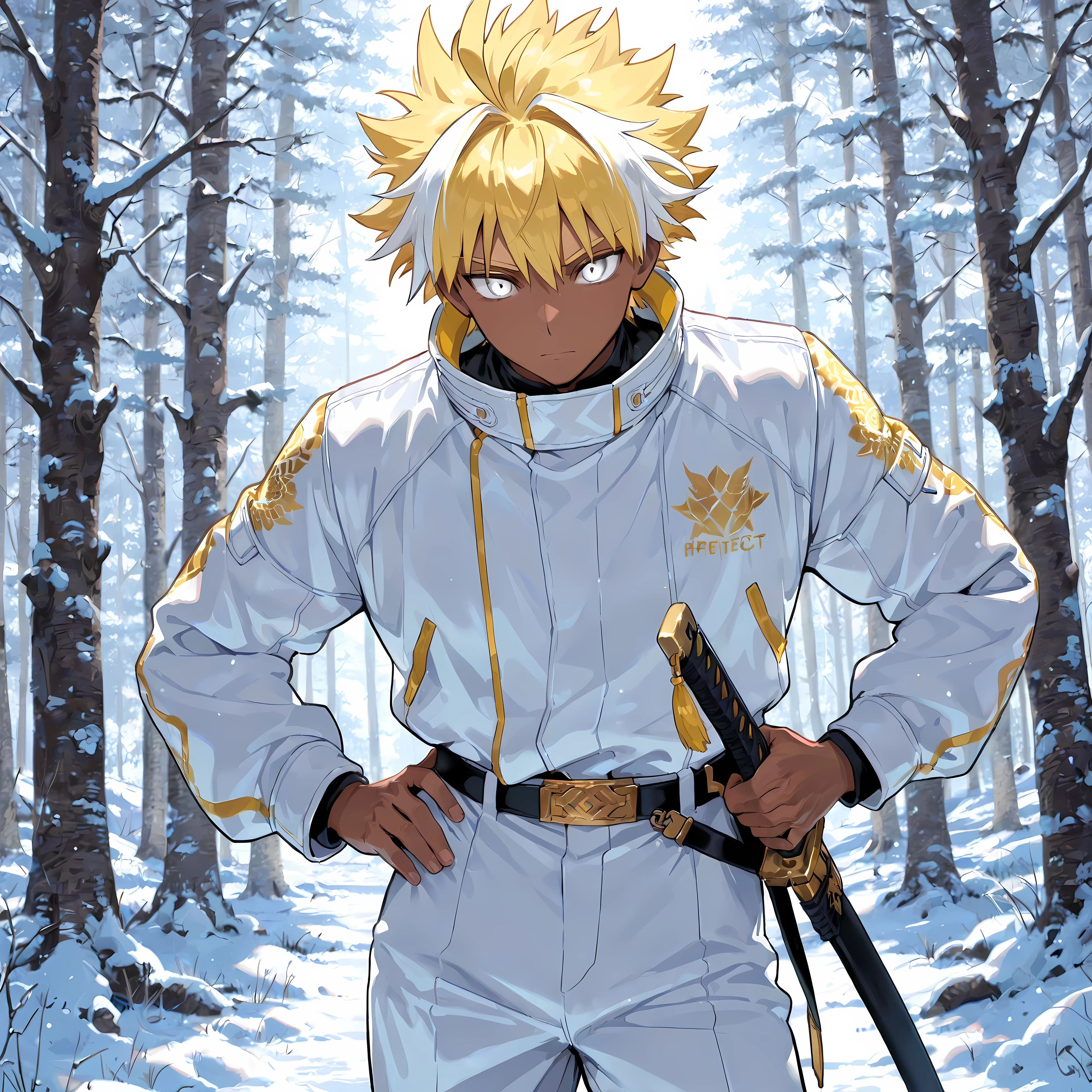 masterpiece , best quality , 1male , male focus , masculine , dark skin , solo , medium wavy spiked hair with ahoge , pastel yellow hair with white highlights , relaxed white eyes , white high collared tech jacket , white pants , gold dragon design , relaxed expression , standing still , katana on hip , snow forest background , perfect background , close-up