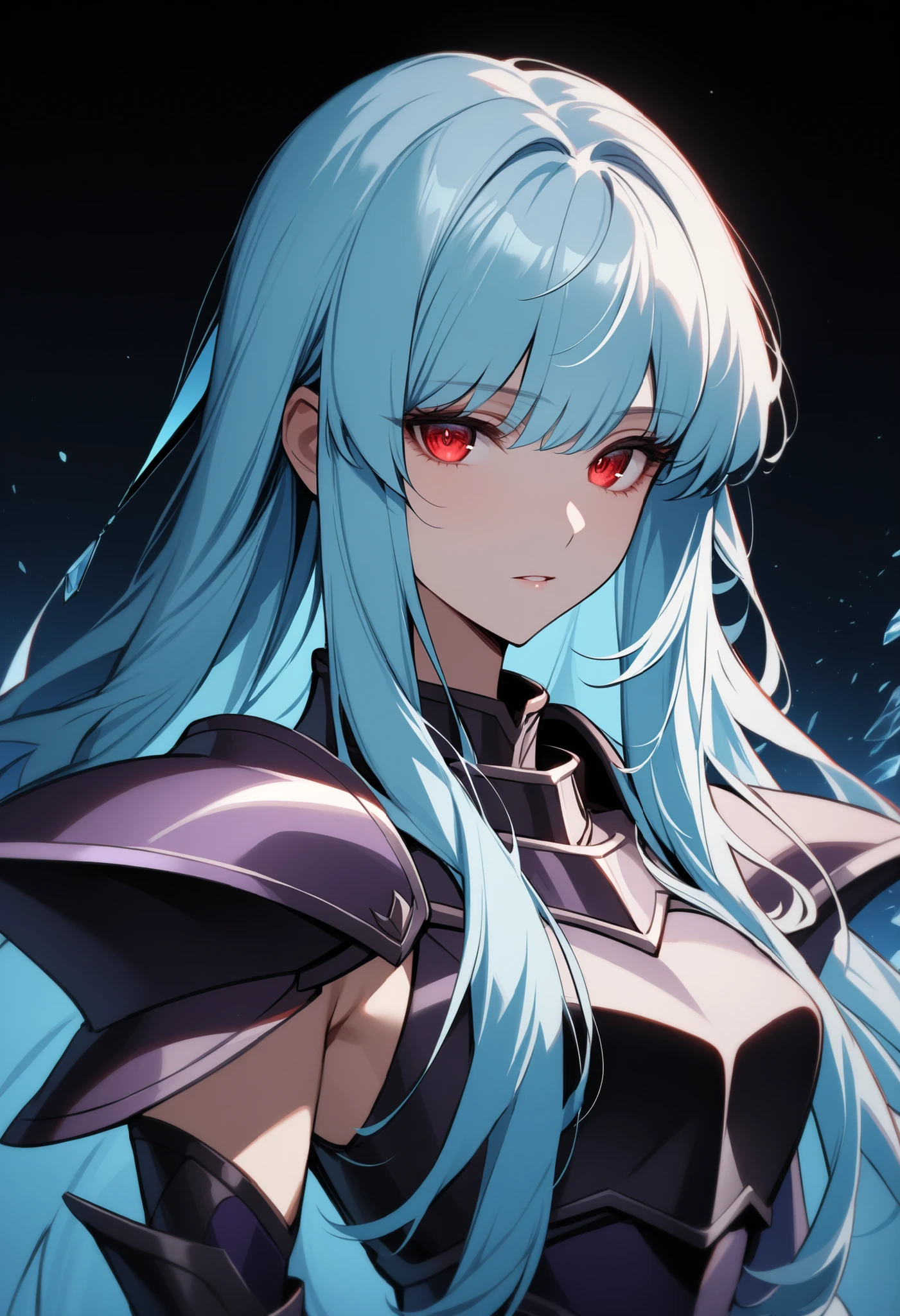 (high-quality, breathtaking),(expressive eyes, perfect face) portrait, Symmetrical Eyes, 1girl, female, solo, adult, blue hair, red eyes, long hair, side bangs, fluffy hair, looking at viewer, portrait, black background, narrow eyes, soft eerie blue lighting background, feminine face, half body shot, night sky background, ice, Dark Purple Armor , trim , full plate armor , half body shot , solo , black armor , Specter , Dark Knights , female focus , perfect composition, ninian