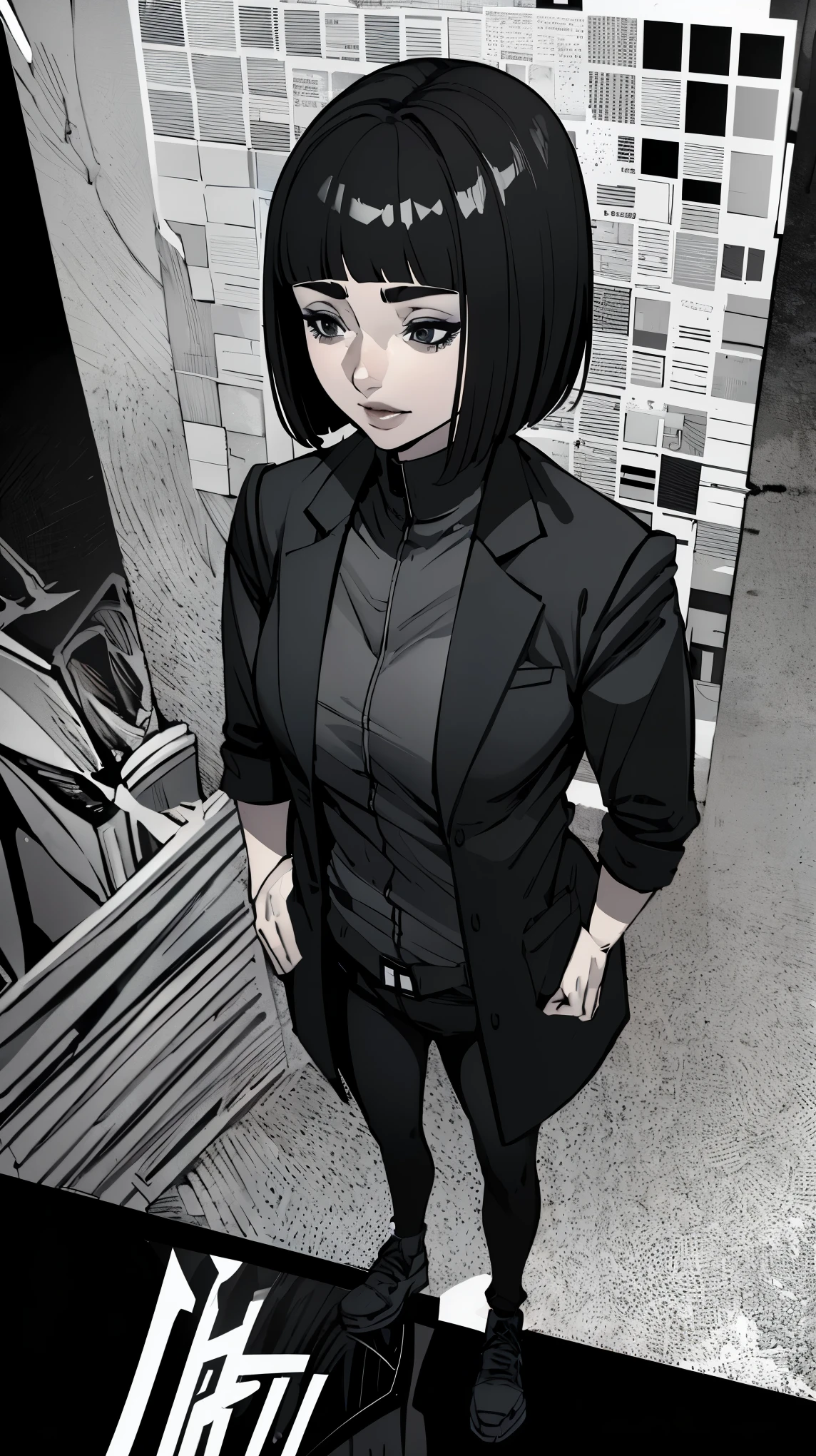 (High quality, 8k, 4k, high contrast, :1.2, high quality, best aesthetics), (woman), (centered), woman short blunt bob haircut with bangs, pale skin, super detailed, (full body), (no background), long black coat, black high-neck shirt, black pants, confident expression