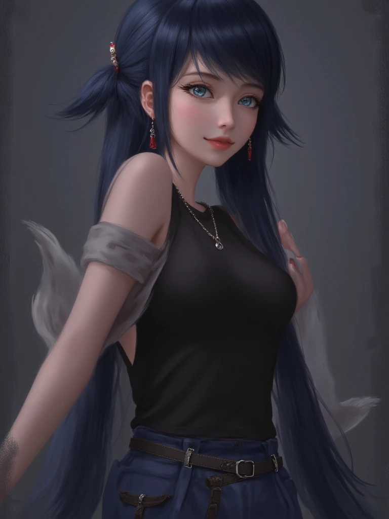 Girl, long brown hair, gray eyes, sharp features, white skin, cherry lips, sweater