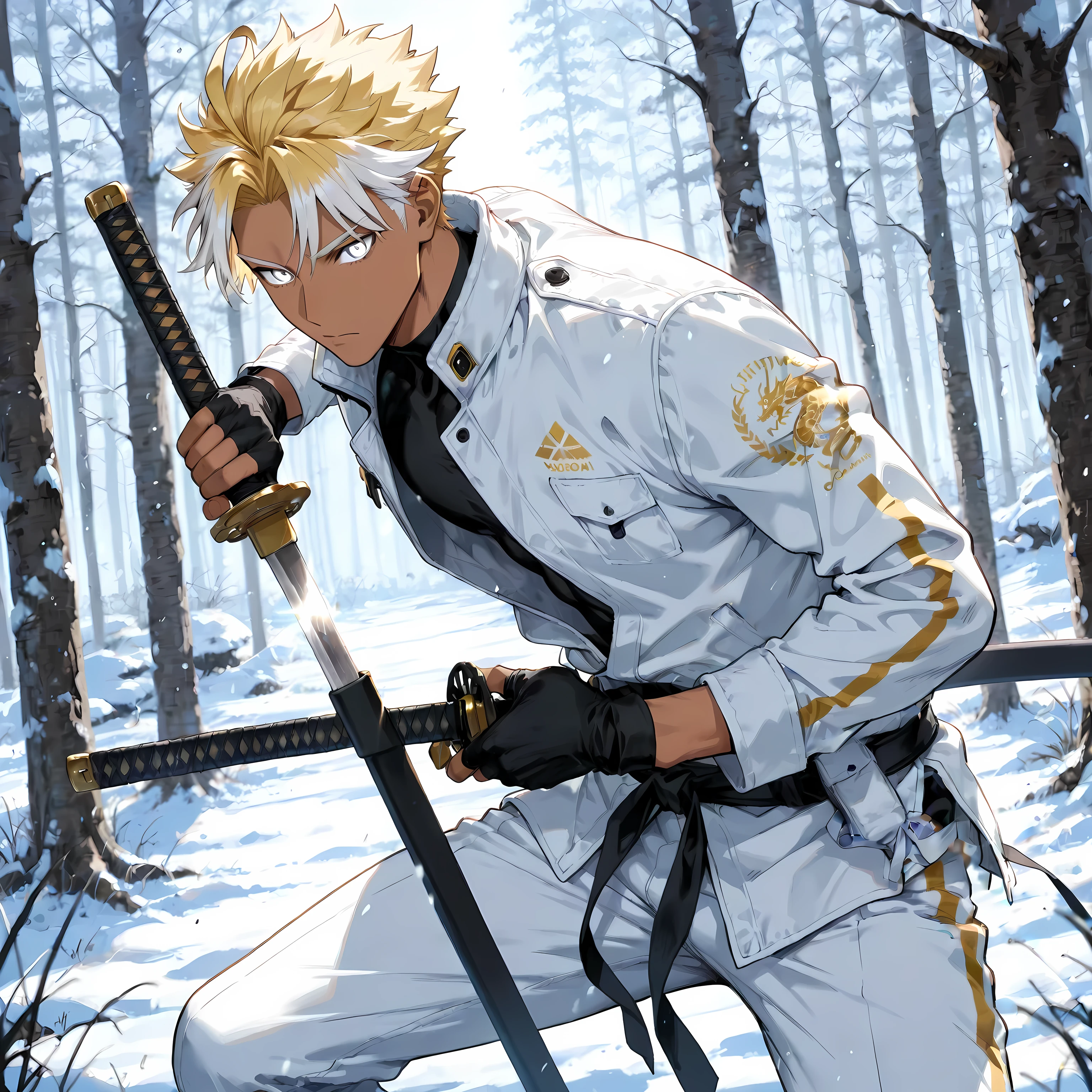 masterpiece , best quality , white high collared tech jacket , white pants , snow forest background , perfect background