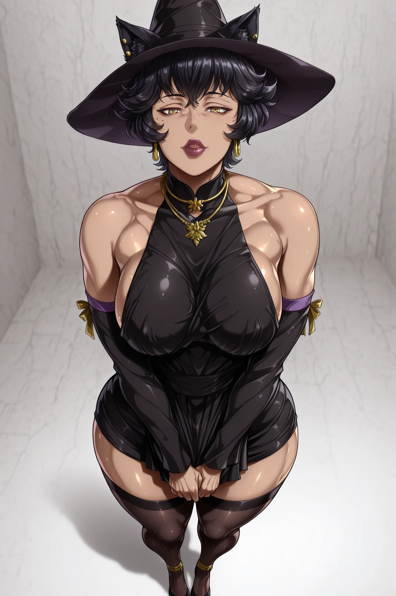 Illust_Neg,,Kali_RWBY,(tan olive skin:1.3),andou hiroyuki style, jewelry, round face,full body , yellow eyes, dark lips ,(masterpiece,best quality,ultra_detailed,highres,absurdres:1.2,amazing quality,very aesthetic),source_anime, regular sized head, milf,solo, (mature older woman:1.3), kali belladonna from rwby, pierced cat ears, pixie cut, (big thick lips),very short hair, black hair, small_medium breasts, standing pose, (above view), (jewelry), jeweled choker necklace, gold hoop earrings, (black turtle_neck mini dress with skirt), wide crooked witches hat, side boob, black thigh highs, detaches sleeves, wide sleeves, own hands under clothing groping self