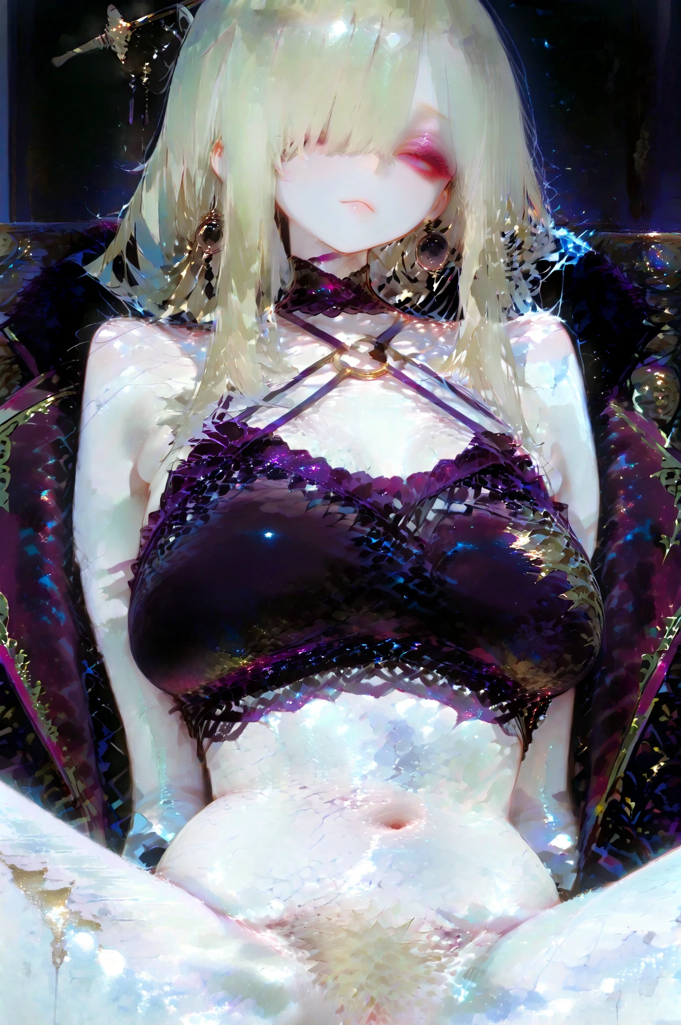 melkor_style,,Outstanding Works,Somewhat realistic, excellent quality , is very beautiful, 超High Resolution, High Resolution,anime style.anatomically accurate,.......8,000.8,000..A strand of hair hung over one eye; a mature woman wore a dark velvet jacket over a pale halterneck top, her swollen labia exuding a fashionable festive air as she sat with legs apart. Thick pubic hair.