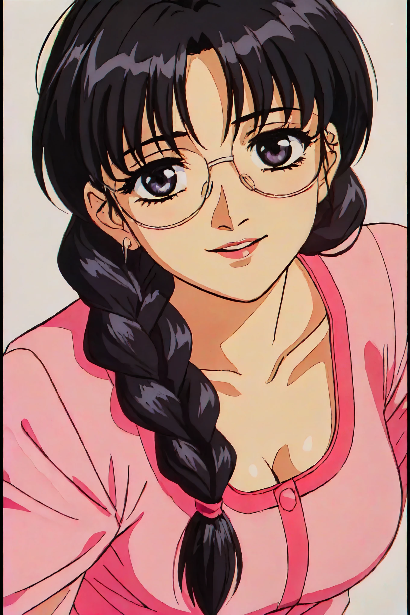 arima_ayumi,
(best quality, masterpiece, RAW photo,ultra-detailed:1.2), <lyco:GoodHands-beta2:1.0>,1girl,solo,looking at viewer,smile <lyco:ayumiOVA:0.45>
pink_suit, bust shot, glasses, large breasts,retro,
long hair,black hair,one pigtail,pink lip, one braid,