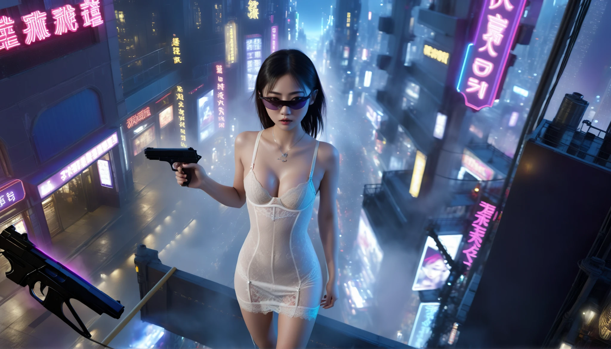 (((high angle view, overhead shot))). (Ryoji Ikeda Style). Translucent Chinese girl in mid-ground, ((half-body thigh level medium:1.8 shot)), long hair, open legs, (((transparent:0.1 short:0.1 shift dress))), cleavage, large-breast:1.2, (her short:0.1 pistol drawn and aiming at viewer), Matrix style micro sunglasses, ((appears at the right half of the frame, positioned in the middle-right, cinematic shot, rule of thirds composition)), slim:0.6 body, ((serious look)), slim face, (((lace tiny bra and lace G-string micro panty))), cyberpunk city with flying cars at night in the background, (realistic, photorealistic, photo-realistic:1.37), digital art, sci-fi concept art, (dramatic lighting, neon lights, glowing wires, cyberpunk aesthetic, futuristic), blue and purple color tones, cinematic composition.