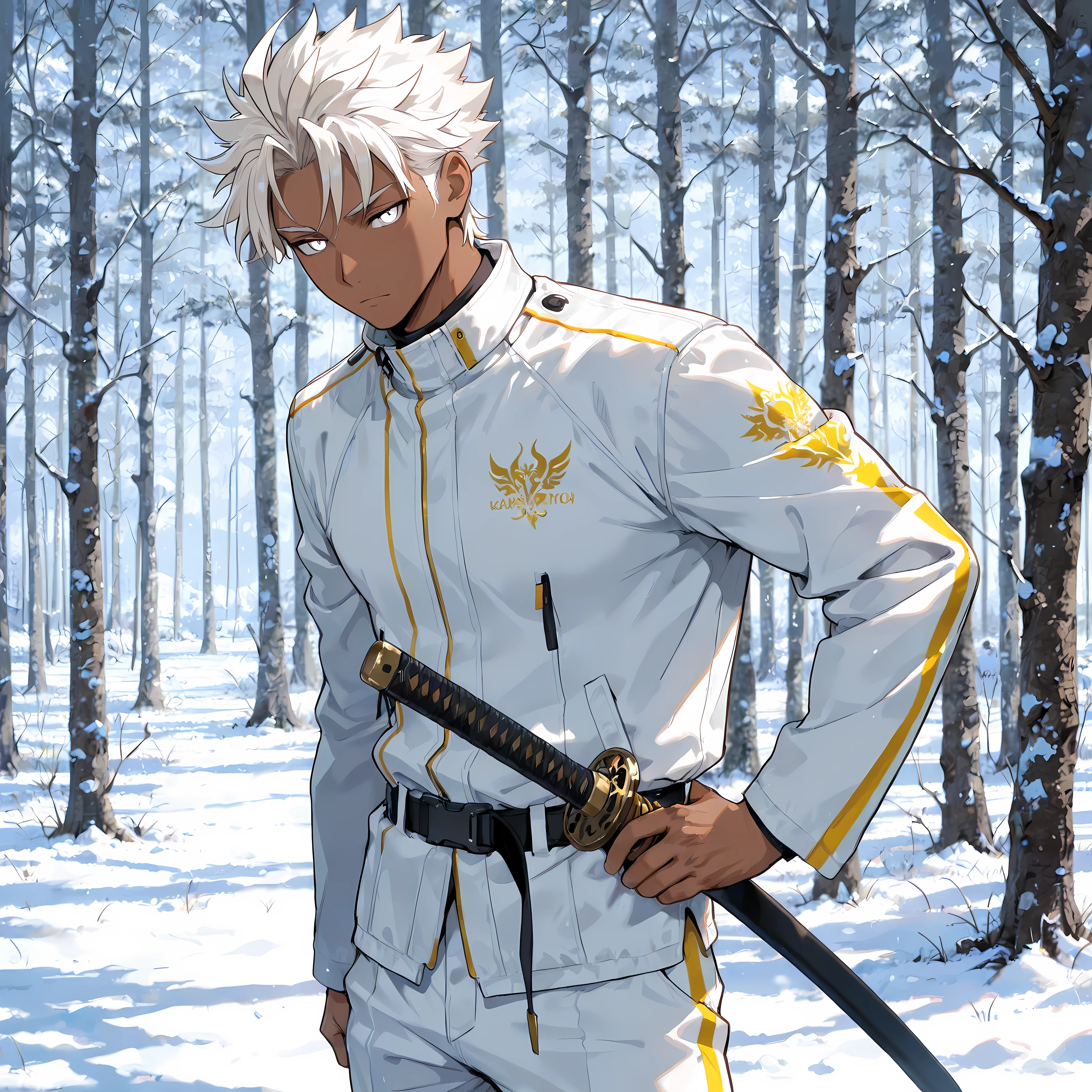 masterpiece , best quality , 1male , male focus , masculine , dark skin , solo , medium wavy spiked hair with ahoge , pastel yellow hair with white highlights , relaxed white eyes , white high collared tech jacket , white pants , gold dragon design , relaxed expression , standing still , katana on hip , snow forest background , perfect background , close-up