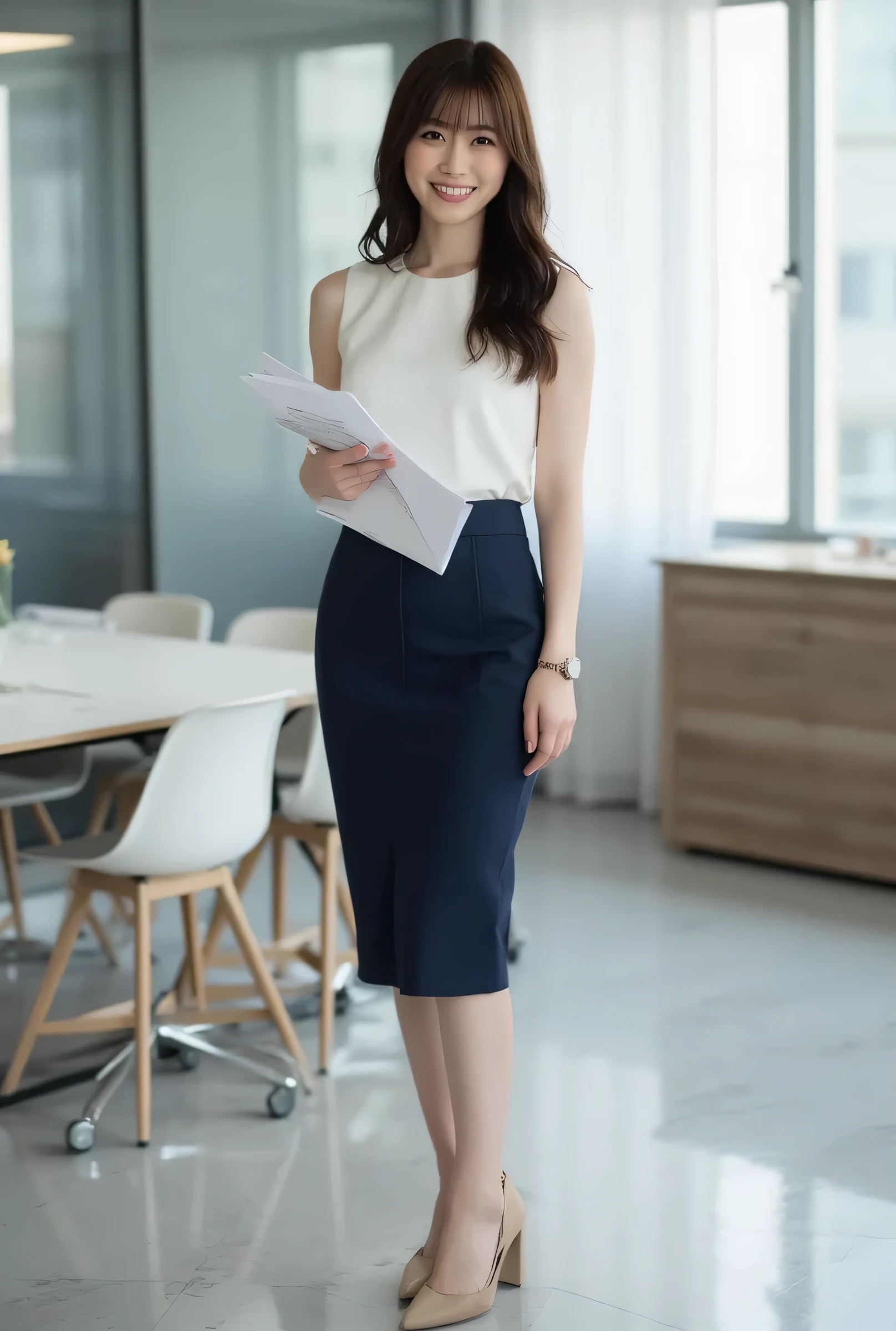 Full-body portrait of a professional young woman standing in a meeting room. Outfit: sleeveless white blouse, knee-length navy pencil skirt, beige heels. Accessories: small wristwatch, elegant handbag. Hairstyle: long dark brown hair in loose S-waves, side part, silky smooth. Expression: smiling. Pose: holding documents in a meeting room. Environment: office with natural light through windows.