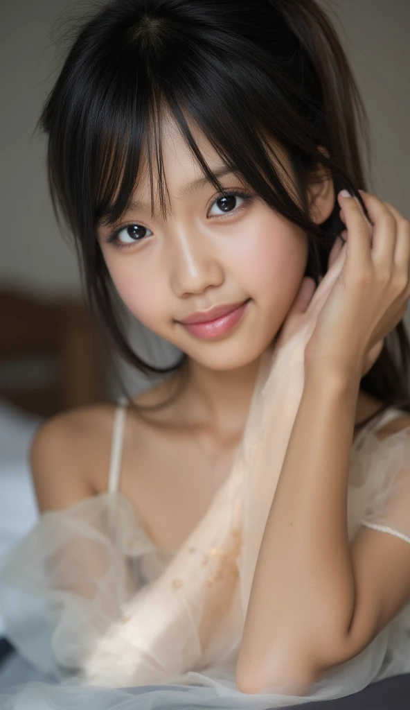 highest quality, High resolution, realistic pictures, detailed skin texture, Cute 12 year old Japan girls, view audience, slim body shape, charming gaze, Fair skin, baby face, (flat :1.2), long straight hair, (:1.2), smile showing teeth, in bed by the window, Short, off-the-shoulder white camisole