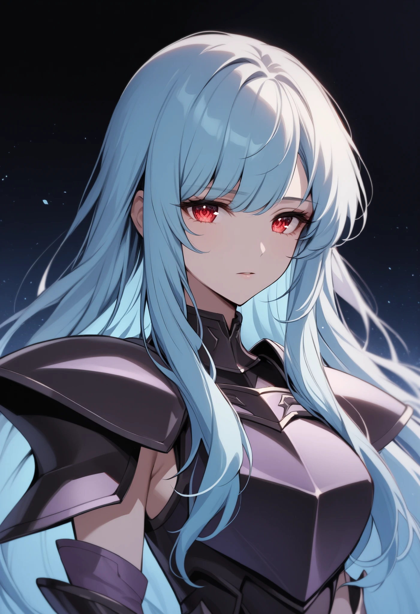 (high-quality, breathtaking),(expressive eyes, perfect face) portrait, Symmetrical Eyes, 1girl, female, solo, adult, blue hair, red eyes, long hair, side bangs, fluffy hair, looking at viewer, portrait, black background, soft eerie blue lighting background, feminine face, half body shot, night sky background, ice, Dark Purple Armor , trim , full plate armor , half body shot , solo , black armor , Specter , Dark Knights , female focus , perfect composition, <lora:Ninian-ILXL-10:1> ninian