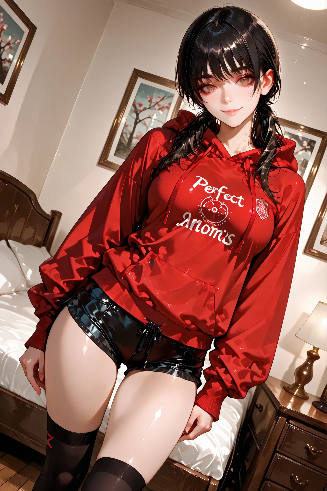 1 girl , Mitaka Asa, long hair , low ponytails , brown eyes , pretty eyes , detailed eyes, long eyelashes, beautiful eyes, beautiful face, face sculpted with hyper-realistic details, beautiful hair, medium breasts, solo, red sweatshirt, hood down, drawstring, long sleeves, black short shorts, high socks, garters, perfect anatomy, standing, sexy body, nice arms, nice legs, in bedroom, confident expression, smiling, looking at viewer, sensual pose, dutch angle, best quality, masterpiece, ultra detailed, very aesthetic