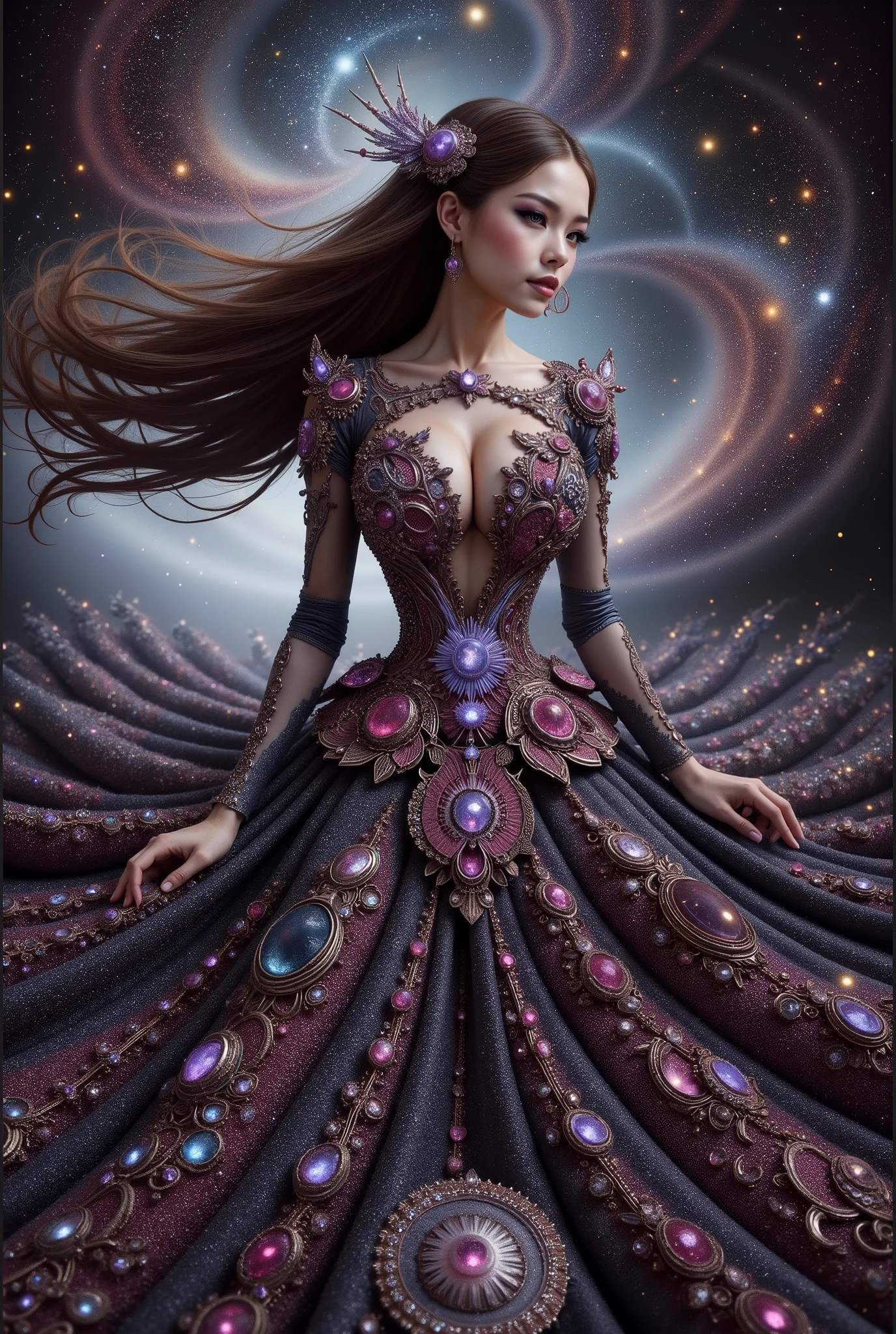 A cute japanese idol girls white-skinned, blue-eyed, thin lips, shadow eye, eyelashes, Gigantic fake boobs, Breast Press, small waist, slim body, asian girls in a strapless dress sitting in space, UHD, luxurious mechanism dress, ornate dress, shiny dress, sparkling dress, glossy motif dresses, elaborate fantasy dress with galaxy motif, elaborate fantasy long dress, expensive, voluminous dress, wearing a magnificent dress, fantasy dress, beautiful digital artwork, luxurious dress, beautiful fantasy empress, wearing ornate clothes, wearing a strapless dress made of beads and carbon fiber, photo with very sharp details, best quality:1.2),,(8k,highres,RAW photo,realistic,photo-realistic:1.3),(detailed skin texture,detailed cloth texture,detailed flame texture, beautiful detailed face:1.25),professional lighting,photon mapping,beautiful soft light,radiosity,physically-based rendering,raytracing, model shoot style, model shoot style, (extremely detailed CG unity 8k wallpaper), full shot body photo of the most beautiful artwork in the world. (Body Navel) push up breast. Breast press.