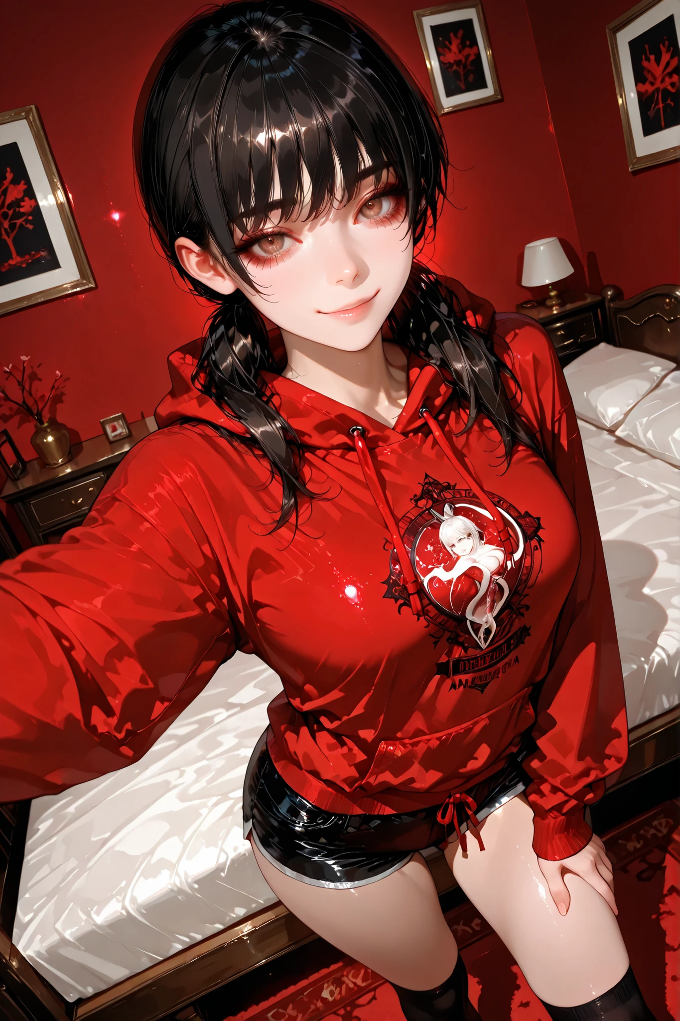 1 girl , Mitaka Asa, long hair , low ponytails , brown eyes , pretty eyes , detailed eyes, long eyelashes, beautiful eyes, beautiful face, face sculpted with hyper-realistic details, beautiful hair, medium breasts, solo, red sweatshirt, hood down, drawstring, long sleeves, black short shorts, high socks, garters, perfect anatomy, standing, sexy body, nice arms, nice legs, in bedroom, confident expression, smiling, looking at viewer, sensual pose, dutch angle, best quality, masterpiece, ultra detailed, very aesthetic
