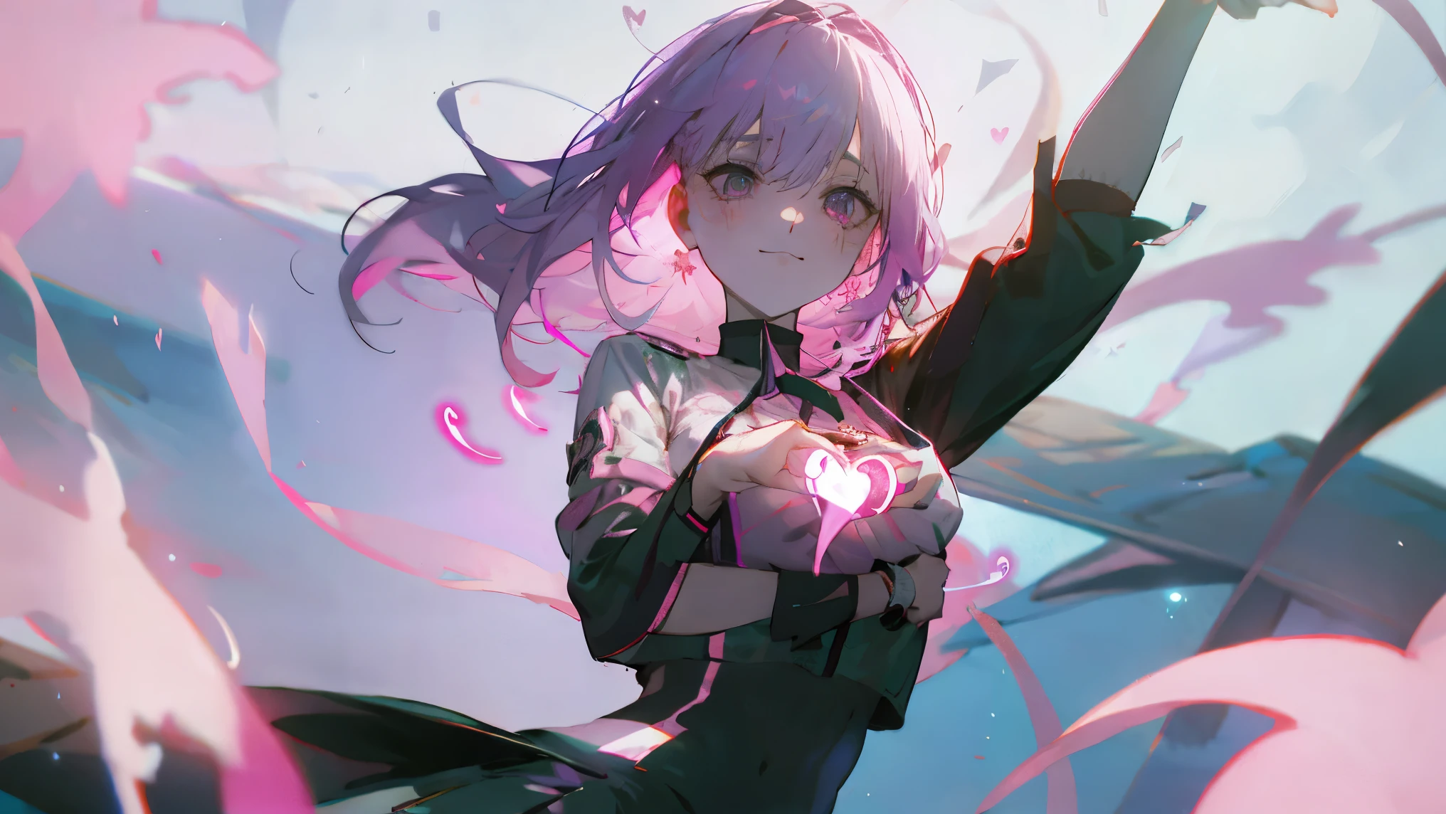 Pretty girl with pink hair、eyes are big, heart-shaped highlights、the expression is smiling but the eyes are somewhat crazy。uniform-style white blouse with ribbon、 wearing a skirt。While folding hands in front of the chest「A-I-SHI-TE-RU」whispering gesture。The background is colorful and pop hearts and stars are scattered、bright but somewhat sick atmosphere。
