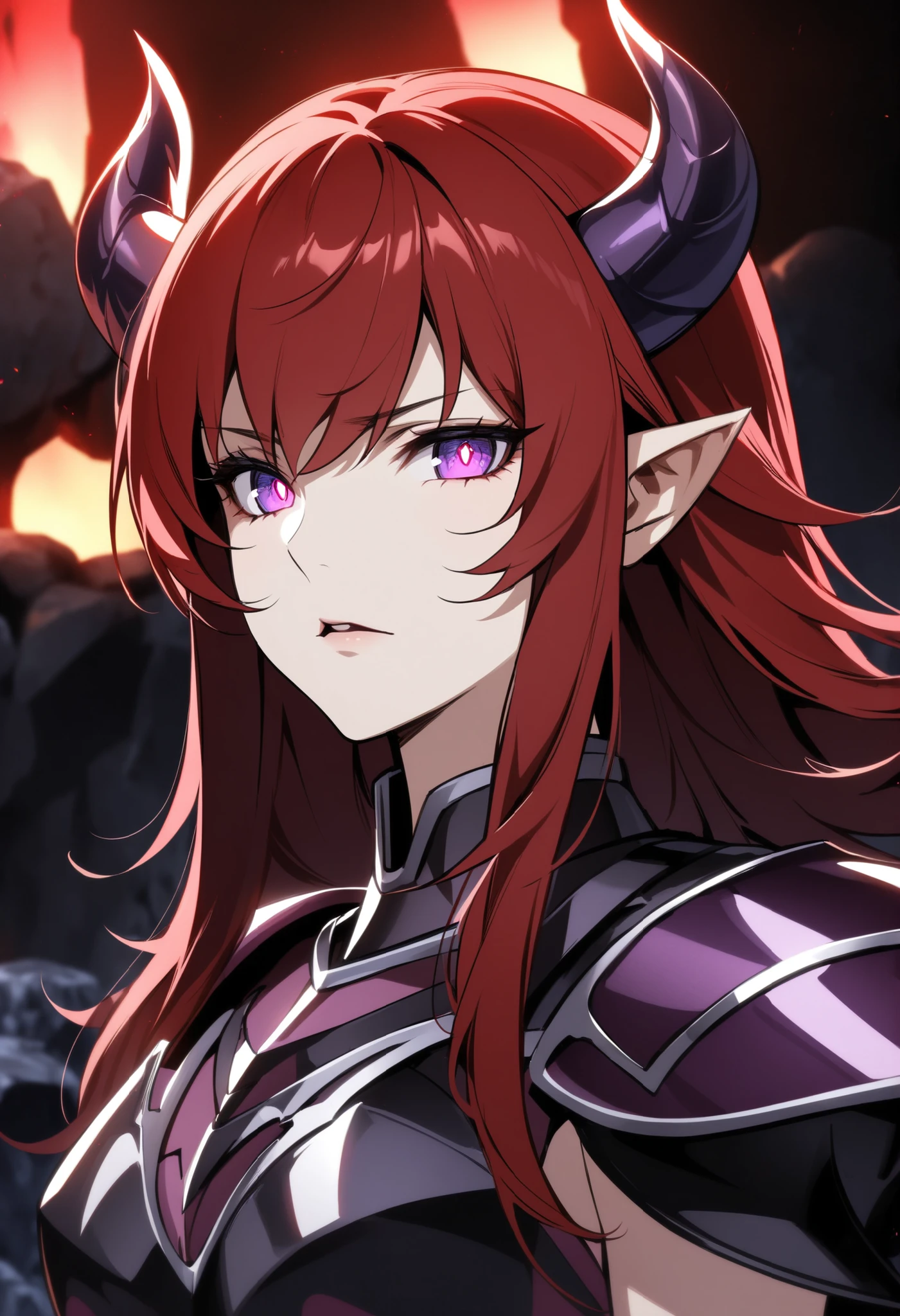 (high-quality, breathtaking),(expressive eyes, perfect face) portrait, Symmetrical Eyes, 1girl, female, solo, adult, black hair, red hair, red purple coloured eyes, medium hair length, side bangs, fluffy hair, looking at viewer, portrait, black background, soft eerie blue lighting background, rock terrain background, glowing eyes, evil eyes, horns, succubus, Dark Purple Armor , trim , full plate armor , half body shot , solo , black armor , Specter , Dark Knights , female focus , perfect composition, succubus, red hair, purple eyes