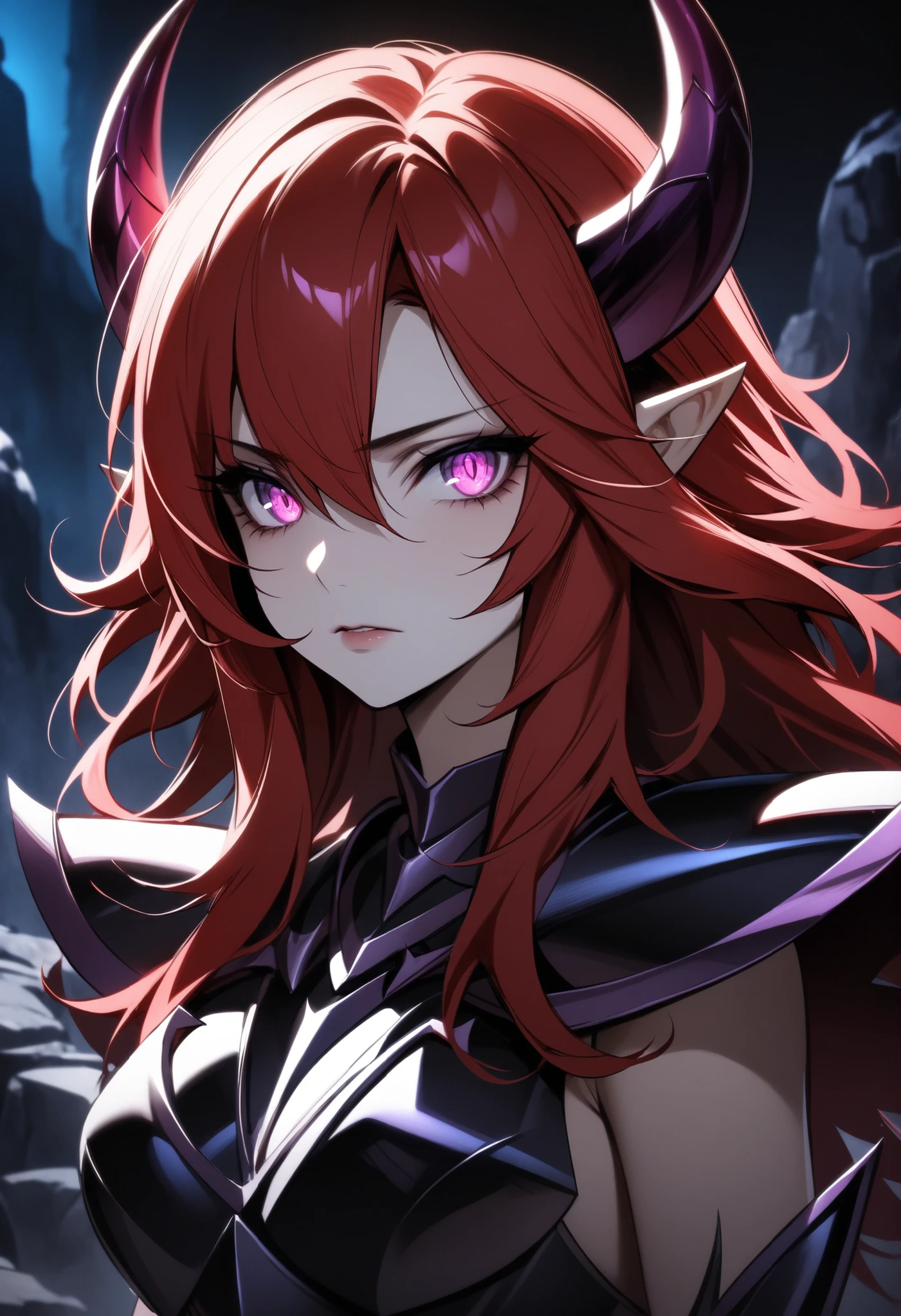 (high-quality, breathtaking),(expressive eyes, perfect face) portrait, Symmetrical Eyes, 1girl, female, solo, adult, black hair, red hair, red purple coloured eyes, medium hair length, side bangs, fluffy hair, looking at viewer, portrait, black background, soft eerie blue lighting background, rock terrain background, glowing eyes, evil eyes, horns, succubus, Dark Purple Armor , trim , full plate armor , half body shot , solo , black armor , Specter , Dark Knights , female focus , perfect composition, succubus, red hair, purple eyes,
