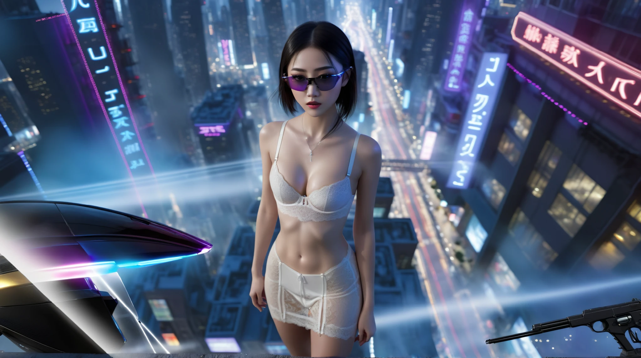 (((high angle view, overhead shot))). (Ryoji Ikeda Style). Translucent Chinese girl in mid-ground, ((half-body thigh level medium:1.8 shot)), long hair, open legs, (((transparent:0.1 short:0.1 shift dress))), cleavage, large-breast:1.2, (her short:0.1 pistol drawn and aiming at viewer), Matrix style micro sunglasses, ((appears at the right half of the frame, positioned in the middle-right, cinematic shot, rule of thirds composition)), slim:0.6 body, ((serious look)), slim face, (((lace tiny bra and lace G-string micro panty))), cyberpunk city with flying cars at night in the background, (realistic, photorealistic, photo-realistic:1.37), digital art, sci-fi concept art, (dramatic lighting, neon lights, glowing wires, cyberpunk aesthetic, futuristic), blue and purple color tones, cinematic composition.