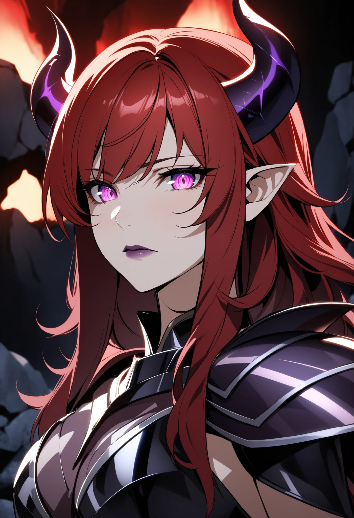 (high-quality, breathtaking),(expressive eyes, perfect face) portrait, Symmetrical Eyes, 1girl, female, solo, adult, black hair, red hair, red purple coloured eyes, medium hair length, side bangs, fluffy hair, looking at viewer, portrait, black background, soft eerie blue lighting background, rock terrain background, glowing eyes, evil eyes, horns, succubus, Dark Purple Armor , trim , full plate armor , half body shot , solo , black armor , Specter , Dark Knights , female focus , perfect composition, succubus, red hair, purple eyes, soft plum red lips