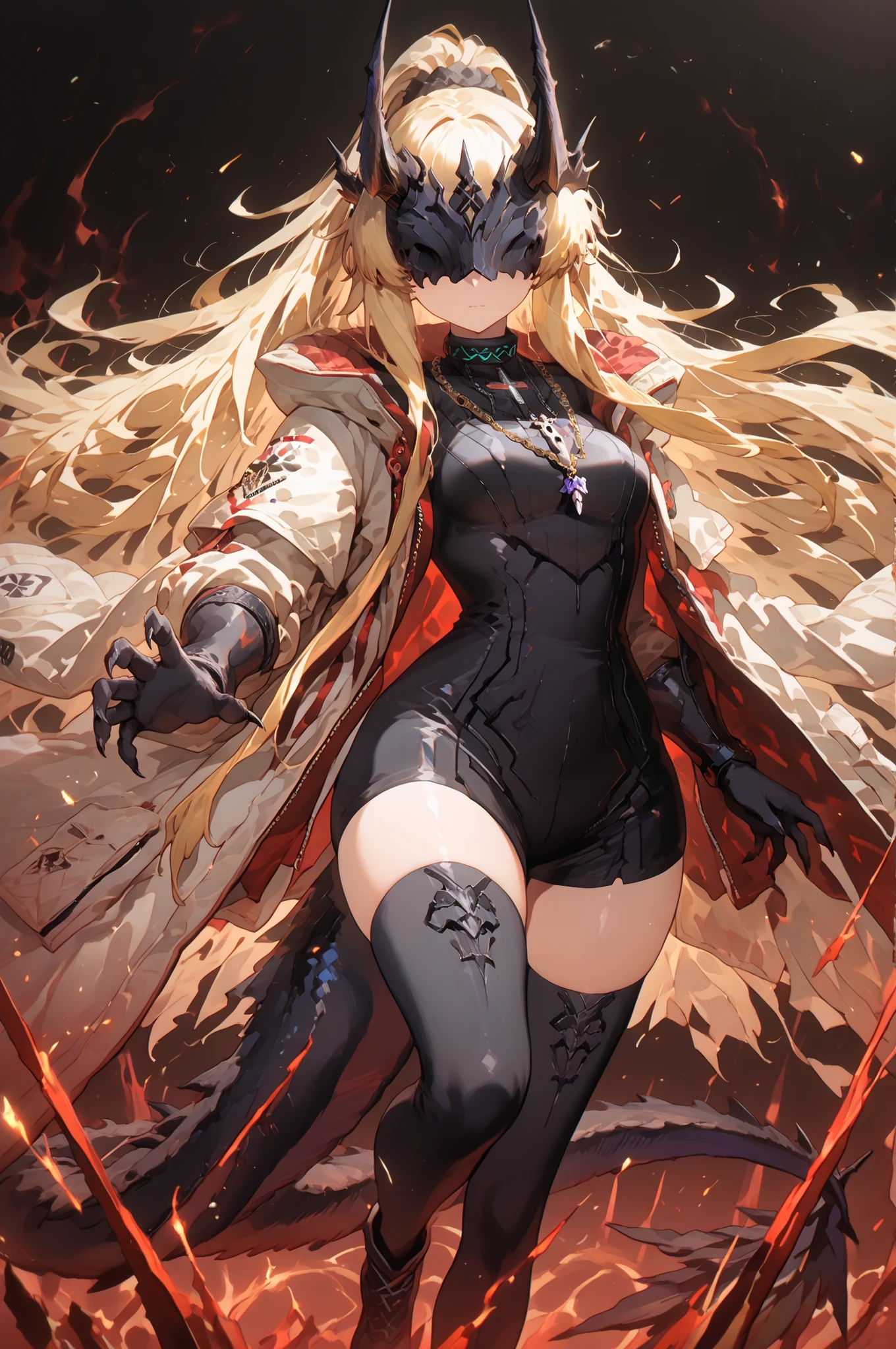 Alone, 1 girl, short and young character, petite body, height 1.50 meters, body proportions similar to Terakomari Gandesblood, confident but cute expression.
Dynamic pose, action stance, flowing hair, dramatic composition, looking directly at the viewer with confidence.
Hair: Hairstyle similar to Artoria Pendragon Ruler from Fate/Grand Order, long ponytail tied back, with shimmering golden strands of energy that move with her pose. Blonde hair.
Mask: Black mask identical to the Frost Queen's mask from The Return of the Frozen Player, completely covering the eyes. No eye slits, no visible eyes, the mask completely conceals the eyes.
Body: Black arms and hands with claws, black legs and feet with claws, black markings on the arms, shoulders, and thighs, dragon tail tipped with a red flame, long, curved black horns like those of the original version of Reed from Arknights. Exposed thighs. White military jacket with red details, gold chain crossing the character's neck and body.
Outfit:
White military jacket based on Projekt Red from Arknights, with gold military medals. The inside of the military coat is red, the coat is white with red details, the inside of the coat is red, the reverse of the coat is red.
Clearly visible red on the inside of the jacket.
Black sweatshirt identical to the design of the original Reed Elite 2, reaching mid-thigh.
Gold chain necklace on the chest and torso, crossing the body (like the chain detail on the original Reed).
Scene: Black background, dynamic full-body posture, sexy and confident, with medium-sized breasts, a small waist, wide hips, and a large butt.
Most importantly, she wears a white military coat with blue accents and a red interior, the inside of the coat being red, identical in every detail to Amiya's coat in Arknights (but in white)—the same fabric, cut, blue accents, red interior, length, hood design, zippers, and proportions. The coat is well-fitting, hugging her shoulders and torso—without falling or slipping.