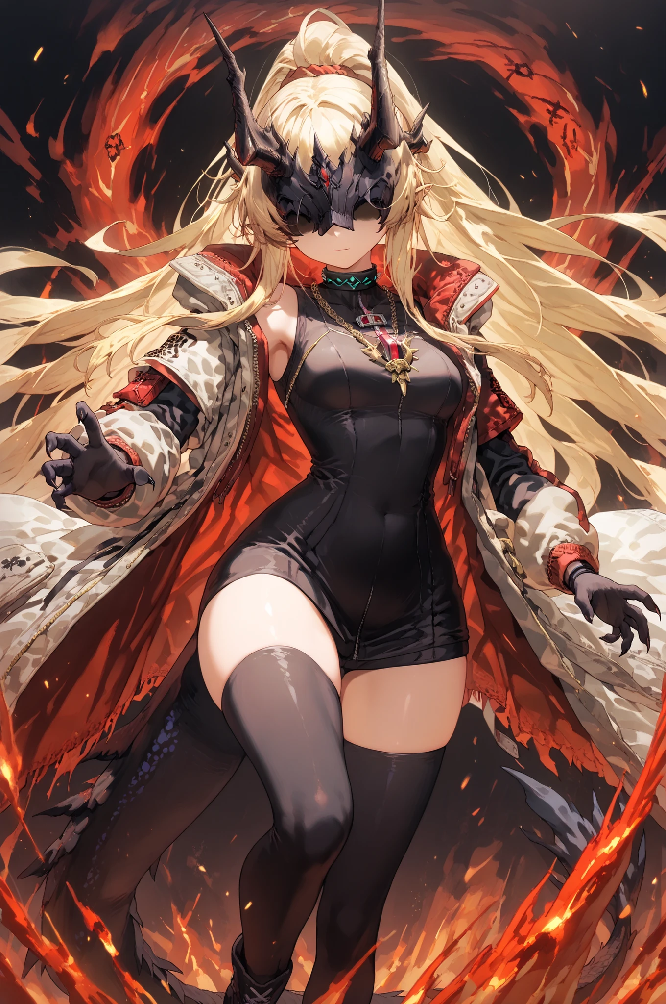 Alone, 1 girl, short and young character, petite body, height 1.50 meters, body proportions similar to Terakomari Gandesblood, confident but cute expression.
Dynamic pose, action stance, flowing hair, dramatic composition, looking directly at the viewer with confidence.
Hair: Hairstyle similar to Artoria Pendragon Ruler from Fate/Grand Order, long ponytail tied back, with shimmering golden strands of energy that move with her pose. Blonde hair.
Mask: Black mask identical to the Frost Queen's mask from The Return of the Frozen Player, completely covering the eyes. No eye slits, no visible eyes, the mask completely conceals the eyes.
Body: Black arms and hands with claws, black legs and feet with claws, black markings on the arms, shoulders, and thighs, dragon tail tipped with a red flame, long, curved black horns like those of the original version of Reed from Arknights. Exposed thighs. White military jacket with red details, gold chain crossing the character's neck and body.
Outfit:
White military jacket based on Projekt Red from Arknights, with gold military medals. The inside of the military coat is red, the coat is white with red details, the inside of the coat is red, the reverse of the coat is red.
Clearly visible red on the inside of the jacket.
Black sweatshirt identical to the design of the original Reed Elite 2, reaching mid-thigh.
Gold chain necklace on the chest and torso, crossing the body (like the chain detail on the original Reed).
Scene: Black background, dynamic full-body posture, sexy and confident, with medium-sized breasts, a small waist, wide hips, and a large butt.
Most importantly, she wears a white military coat with blue accents and a red interior, the inside of the coat being red, identical in every detail to Amiya's coat in Arknights (but in white)—the same fabric, cut, blue accents, red interior, length, hood design, zippers, and proportions. The coat is well-fitting, hugging her shoulders and torso—without falling or slipping.
