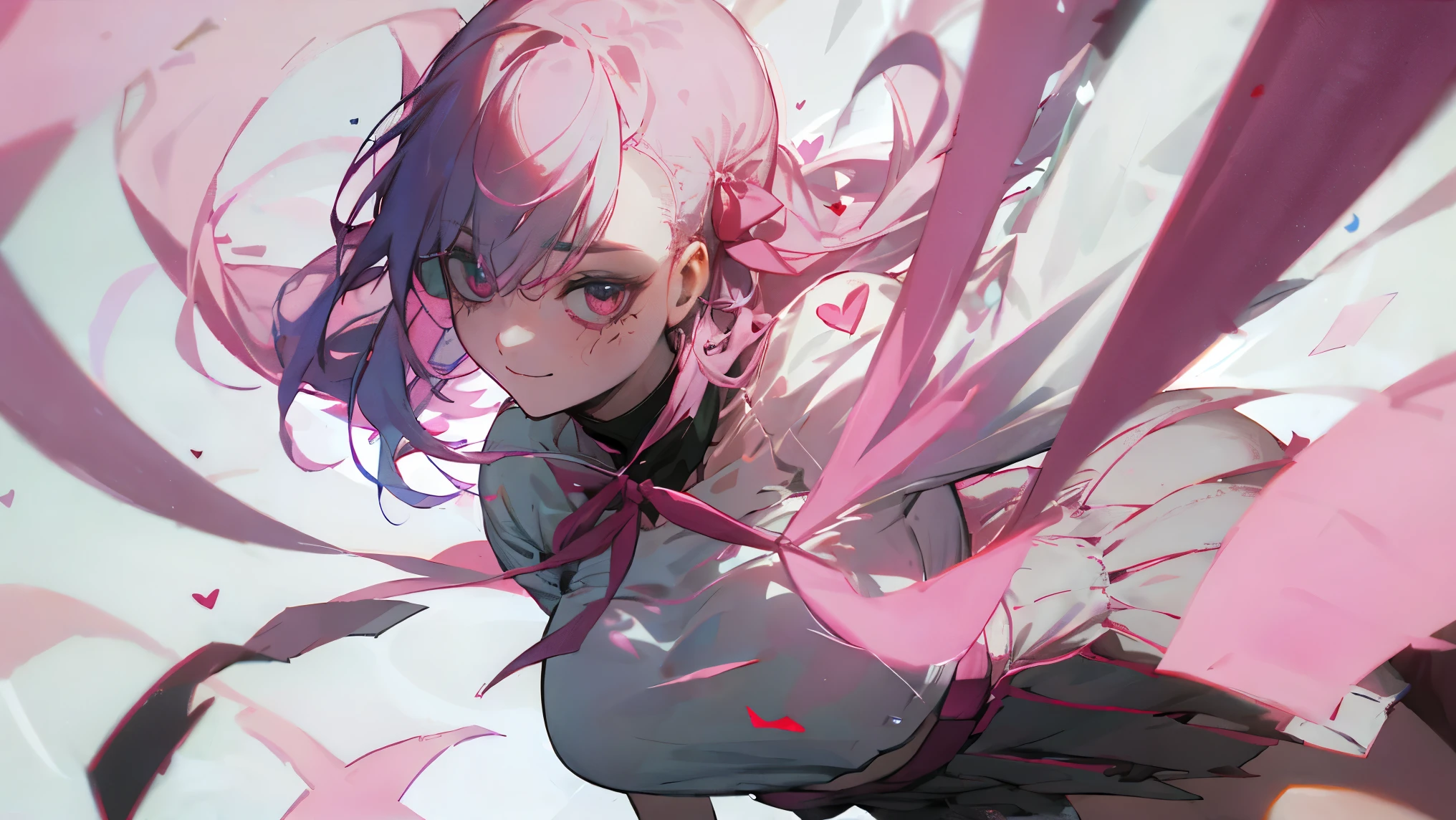 Pretty girl with pink hair、eyes are big, heart-shaped highlights、a gaze that makes you feel crazy in a smile。uniform-style white blouse with red ribbon、short pleated skirt。Never let go of someone you love