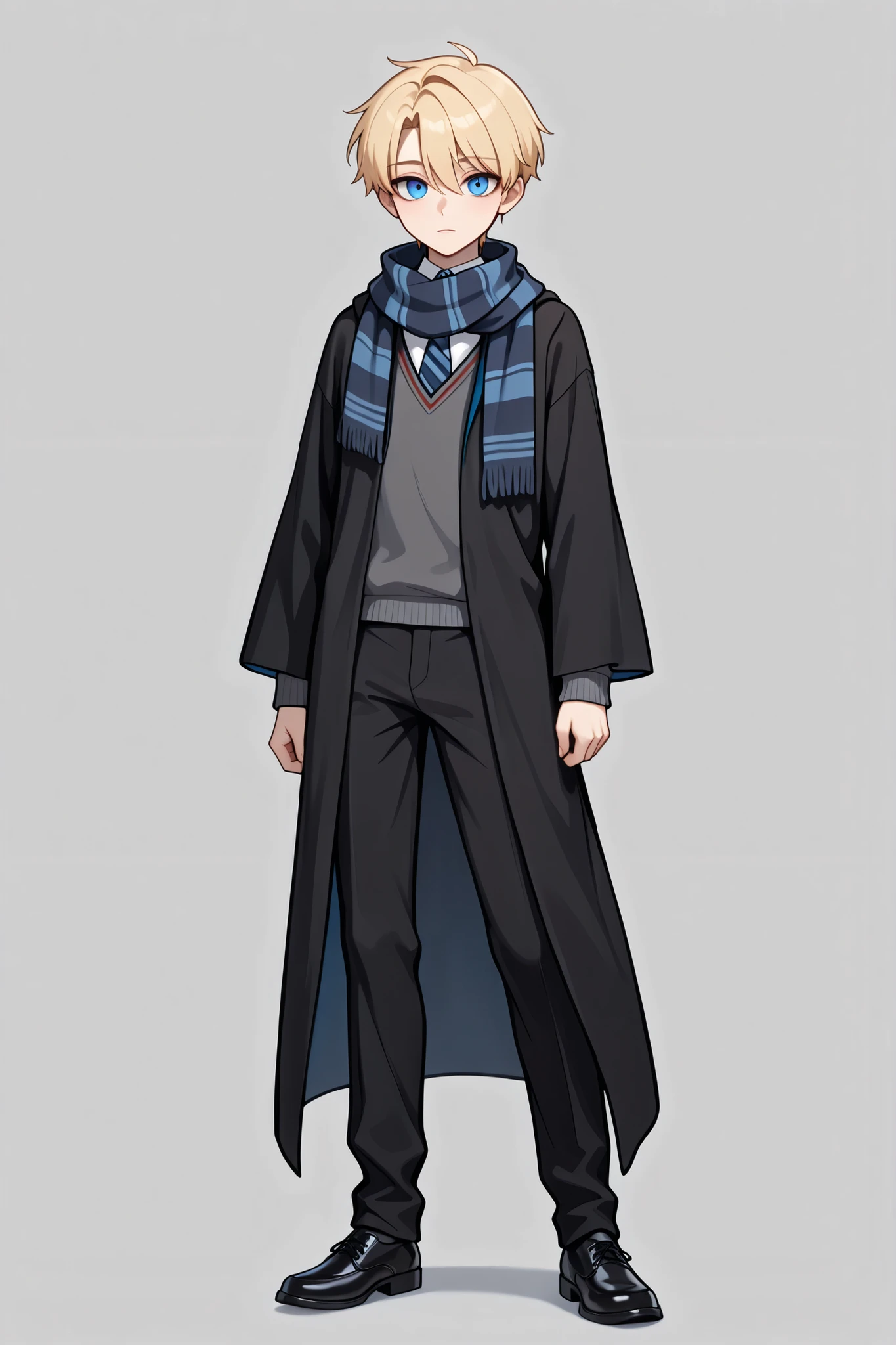 score_9, score_8_up, score_7_up, best quality, masterpiece, 4k resolution, 1boy, solo, youthful, full body, blonde hair, clean hair, tidy hair, neat hair, bangs, parted bangs, hair between eyes, short hair, blue eyes, sharp eyes, looking at viewer, confident posture, hogwarts uniform, ravenclaw, black robe, necktie, striped necktie, collared shirt, sweater, black pants, grey sweater, dark blue scarf, scarf wrapped around neck, loose scarf, black shoes, calm expression, cool expression,