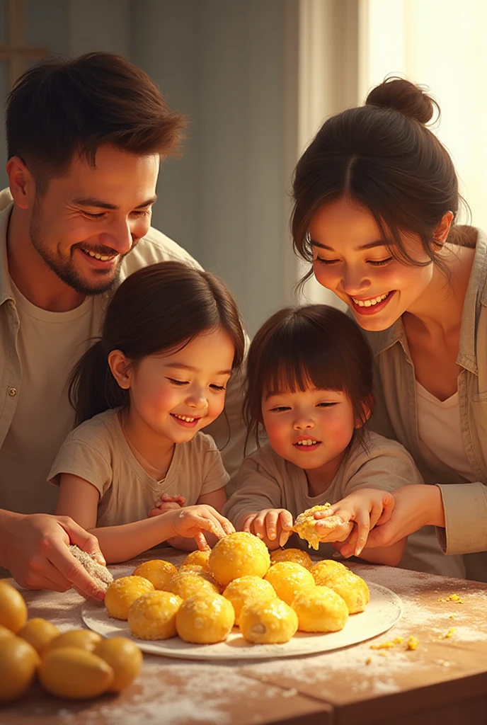 an indonesian baby celebrating her 6 month old age, sitting in a baby chair receiving her first solid meal. the baby is quite hairy Look happy and delightful. Her big uncle look surprised standing behind. Photo realistic UHD image