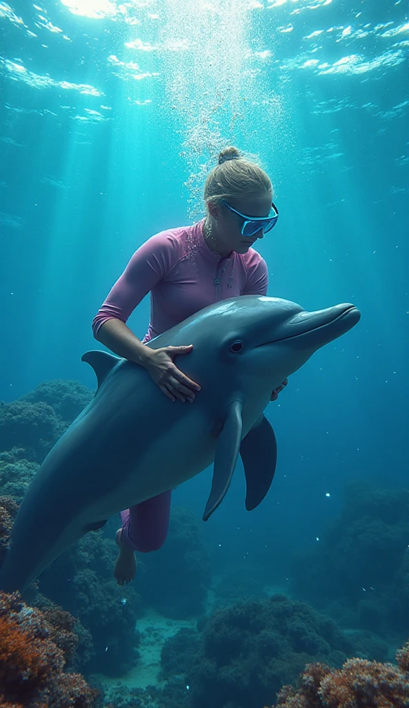 Dolphin monster humps beautiful   aroused, blonde  young teen girl in the water, ultra realistic, perfect body top quality  dolphin  Dolphin  in 