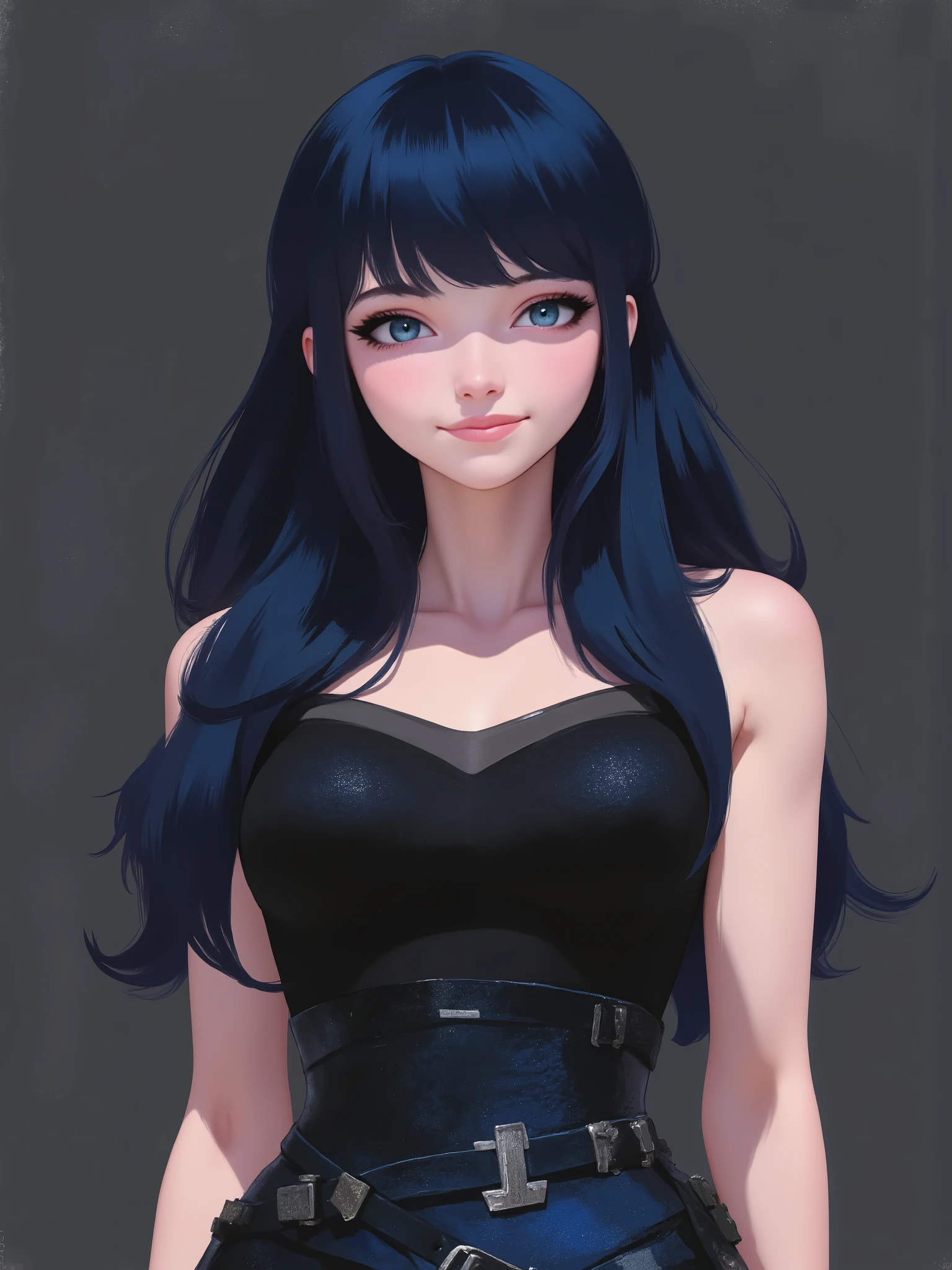 realistic cartoon, marinette Dopanchan, stylized illustration, brush strokes, sr3fmj, A very beautiful and cute 22 year old woman with a slight smile. (((Shy smile))), sharp focus on the face, (((Western eyes:1.5))), (((Extremely detailed ice-blue eyes, beautiful eyes, beautifully detailed eyes))), (((delicately detailed thin pink lips))), (((long hair, shiny hair))), (((black medieval steampunk style sleeveless t-shirt))), (((Dark Blue medieval steampunk style leather warrior pants))), (((full body view, dynamic pose, standing:1.5, graceful pose))), (((The background is Dark Gray and painted with expressive, visible textures using dynamic brushstrokes and strokes that add depth and movement. The paint covers only the area just behind the subject. The outer edges of the image with black margins, as if the background had been painted with a brush and with expressive and visible textures using dynamic brushstrokes and strokes fading toward the edges creating a modern and artistic vignette effect))). Cinematic lighting, soft depth of field, (((masterpiece/high resolution/Best Quality/top quality/high quality/UHD/16k quality))), sharp focus, no blur, film grain, bokeh.