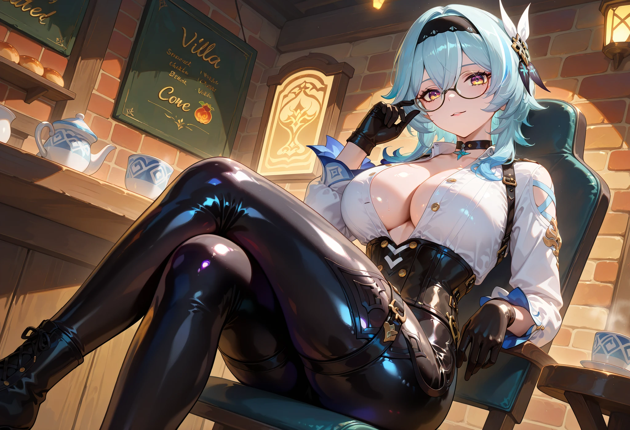 ((dark filter)), BREAK EulasDxL,a Woman, Alone,  sitting on a metal chair , wooden table next to, holds a porcelain cup, (crossed legs), looking at the viewer, seductive expression, eyeglasses, hair ornament, thighhighs, Gloves, Chest harness, long sleeves white, blue hair, yellow eyes, headband,  medium hair, big breasts ,  thigh harness, black headband, choker:1.6, button-fastened shirt, (( Buttoned white buttoned shirt)), ((plain white long sleeve buttoned shirt)), striped shirt, ((black leather corset)), black leather gloves, (((Shiny black leather leggings))), black leather boots,  multicolored eyes, (impact of Genshin),cowboy shot, Masonry street, Outdoor restaurant, Villa Rustica, villa, by day 