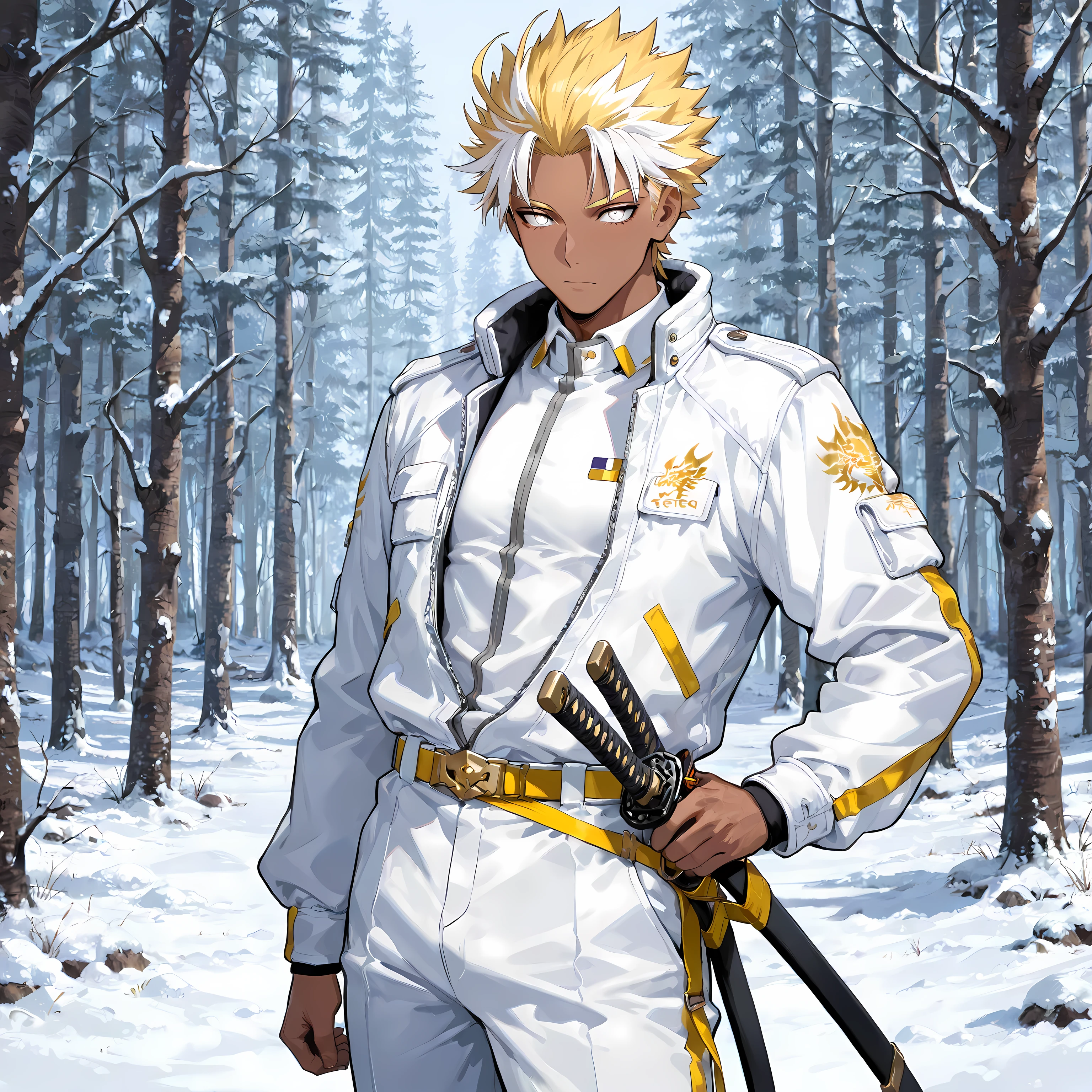 masterpiece , best quality , 1male , male focus , masculine , dark skin , solo , medium wavy spiked hair with ahoge , pastel yellow hair with white highlights , relaxed white eyes , white high collared tech jacket , white pants , gold dragon design , relaxed expression , standing still , katana on hip , sheathed , snow forest background , perfect background , close-up