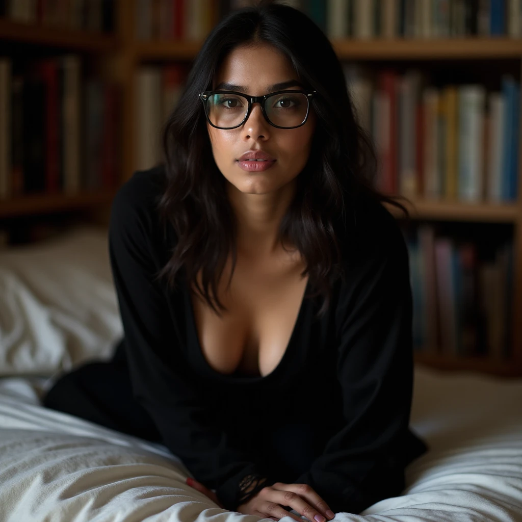 ????, ???????, sitting on bed, glasses, wet , looks at the camera, hands between legs