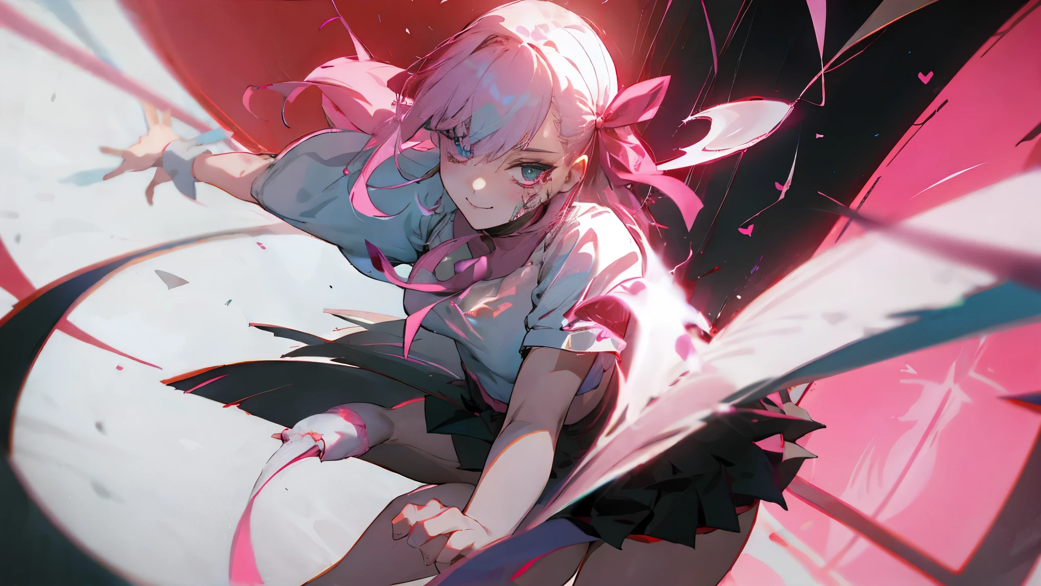 Pretty girl with pink hair、eyes are big, heart-shaped highlights、a gaze that makes you feel crazy in a smile。uniform-style white blouse with red ribbon、short pleated skirt。knife with a round lens
