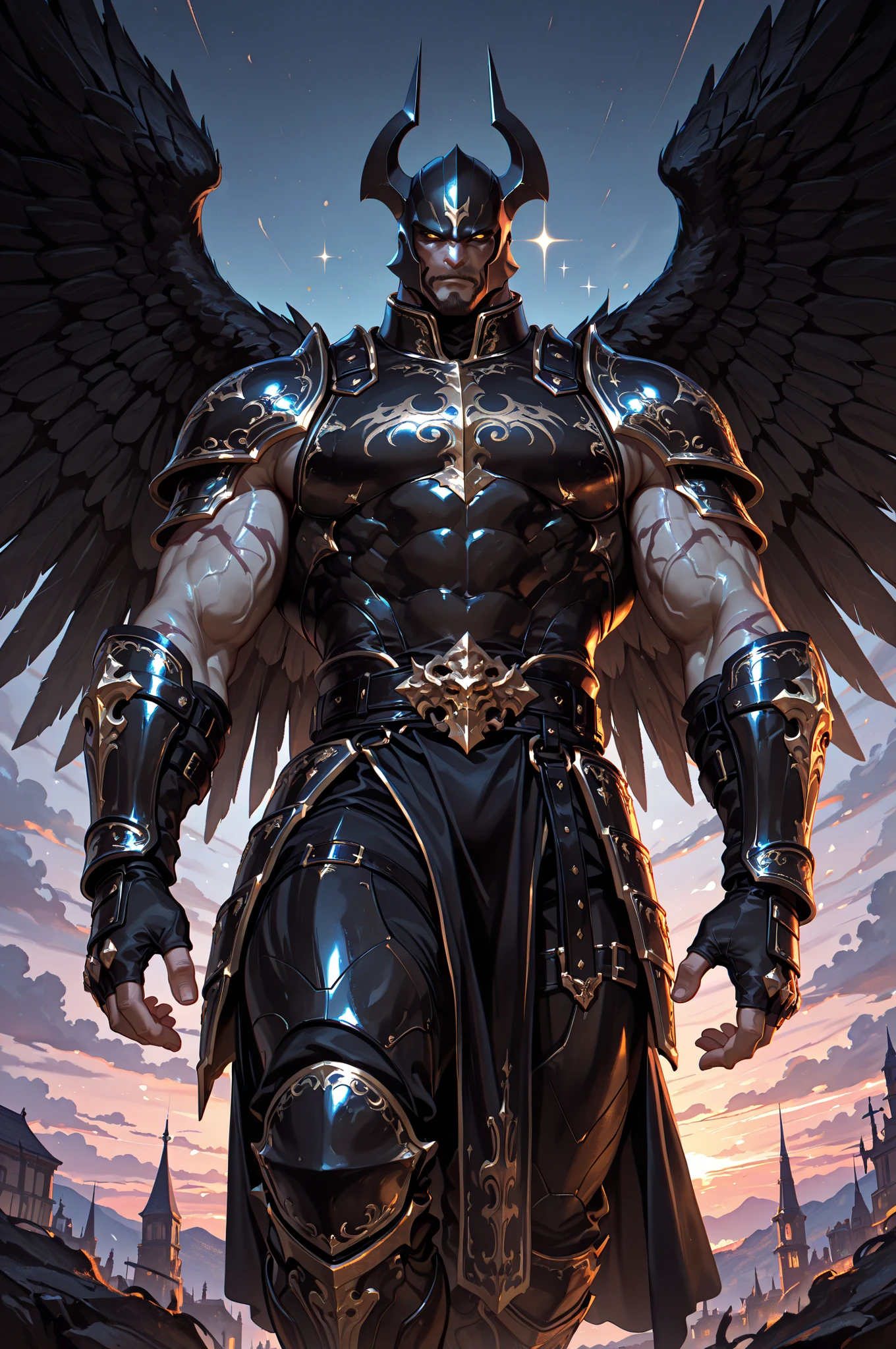 A short-haired, muscular man wearing leather armor with a full frontal view、Highest quality、With arms outstretched on the battlefield、It has large white wings、Pectoralis major、Abdominal muscles、Big macho man