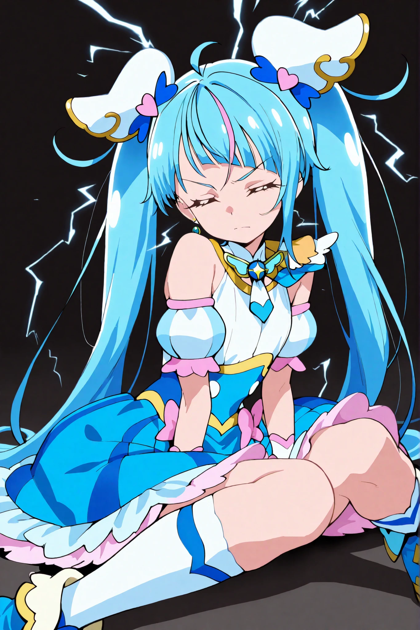 Cure Sky, masterpiece, Highest Quality, Newest, Very High Definition, with eyes closed, her mouth is closed, Hanging Eyebrows, Serious Expression, mid-waist, I am being attacked, I am electrocuted,electricity is carried all over the body, My whole body is wrapped in lightning, is being blitzingly struck, Black Background, Lightning struck directly, My body is paralyzed by electricity, Countless vibrations, and the fine lights are bouncing, High electrical pressure, is closing my eyes, The whole body is wrapped in electricity, sitting on her knees, Steam is springing from my body, Electricity is spreading around my chest, electricity is spreading around my feet, electricity is spreading around my head, her body is twitching