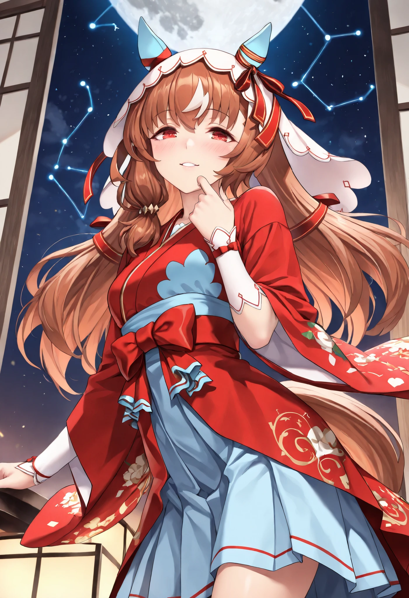 (masterpiece, best quality, perfect face:1.4), wide angle, Still in Love \(umamusume\), brown hair, red eyes, long hair, streaked hair, horse ears, ear cover, ear ornament, veil, red hair ribbon, small breasts, horse tail, tail on the lower back, proportional body, proportional,1 girl, beautiful hair, beautiful face, beautiful detailed eyes, beautiful clavicle, beautiful body, beautiful chest, beautiful thigh, beautiful legs, beautiful fingers, looking at viewer, BREAK, (Beautiful woman in kimono), (Vivid constellation patterned kimono), background, subtle constellation of Virgo appearing in sky above, moon, BREAK, An expression with a seductive sex appeal, soft blush, calm expression, realistic skin, textured skin, HDR, mystical atmosphere, BREAK, good hands,