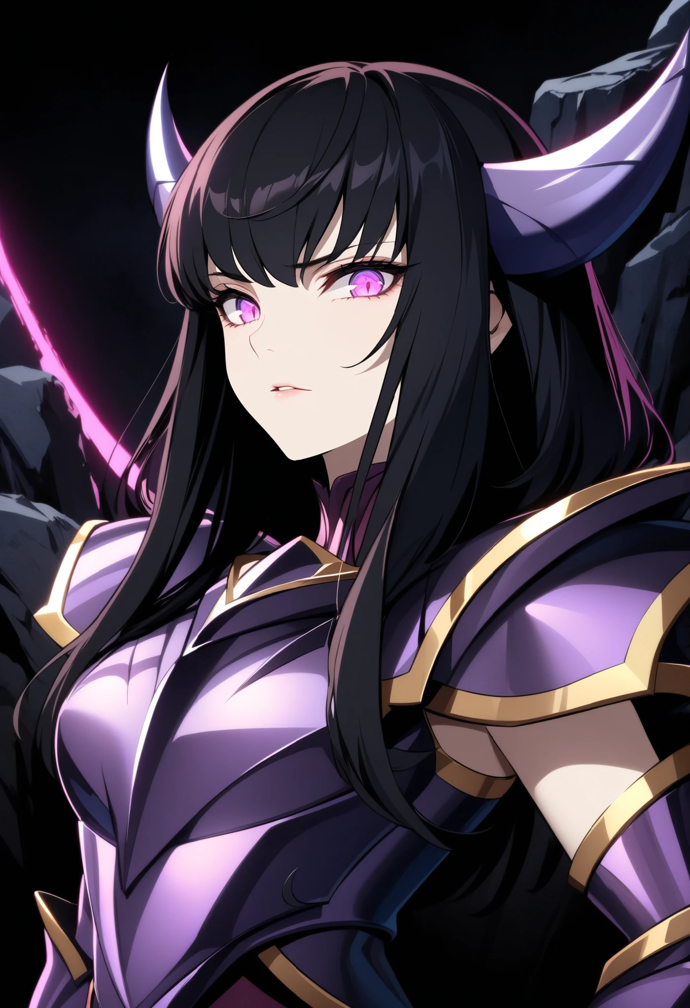 (high-quality, breathtaking),(expressive eyes, perfect face) portrait, Symmetrical Eyes, 1girl, female, solo, adult, black hair color, red purple coloured eyes, medium hair length, side bangs, fluffy hair, looking at viewer, portrait, black background, narrow eyes, soft eerie blue lighting background, rock terrain background, Dark Purple Armor, trim, full plate, feminine face, half body shot, glowing eyes, evil eyes, horns, purple eyes, black hair, Dark Purple Armor , trim , full plate armor , half body shot , solo , black armor , Specter , Dark Knights , female focus , perfect composition, succubus, black hair, pink eyes,