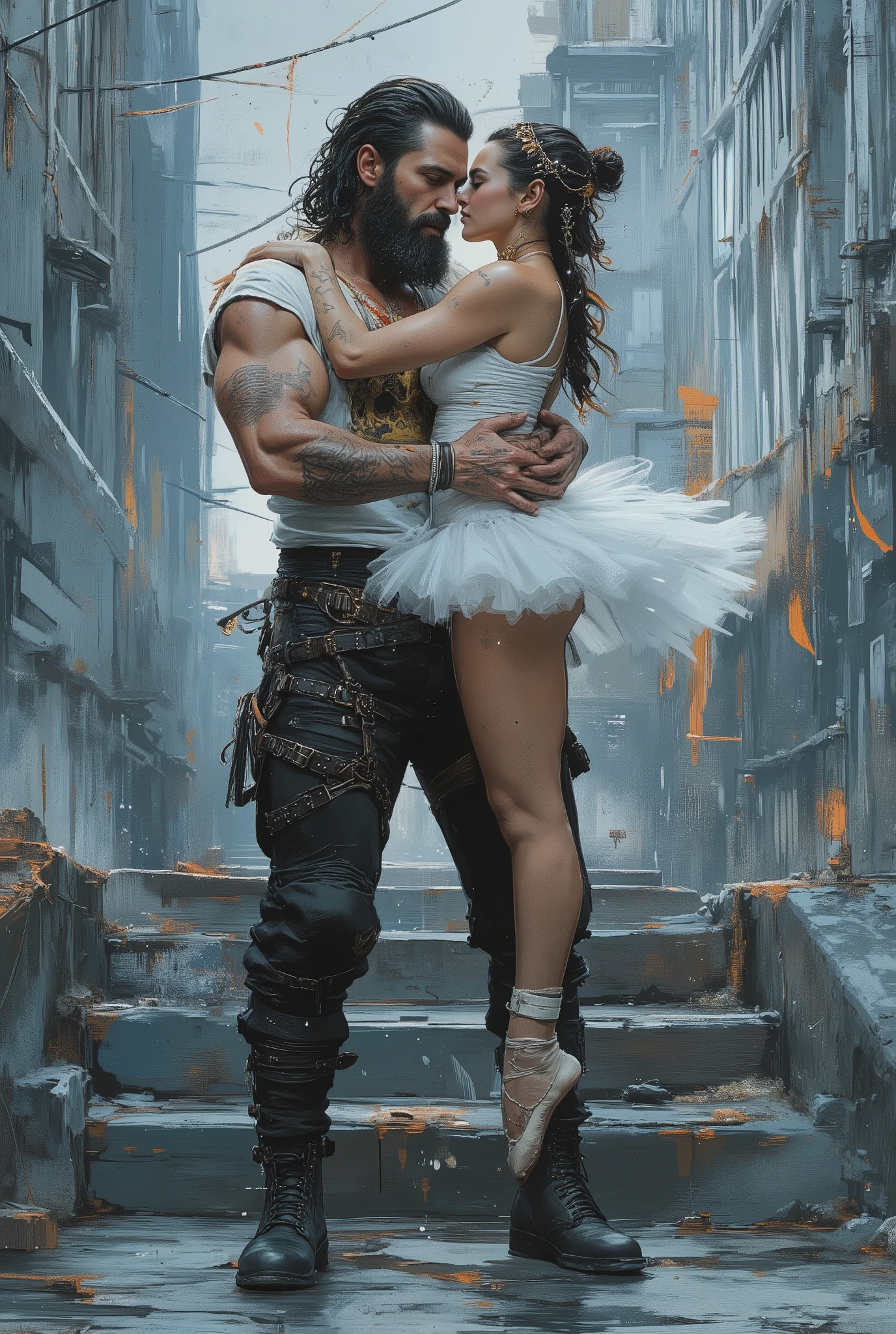 The king passionately hugs his queen. The digital illustration shows a muscular male king with long, loose black hair combed back and decorated with orange strands. He has a full beard and tattoos on his arms. He is wearing a white T-shirt with a graphic design in the form of a golden royal crown, black trousers with lots of straps and buckles, and black high-top boots.In the king's arms is his queen. She's wearing a white tutu and pointe shoes. She stands on her fingertips, holding onto the king's shoulder.She has stage makeup and a hairstyle with a small shining crown in her hair. The background is a mix of abstract and urban elements, with a cool color palette dominated by shades of blue and gray. The overall style of the game is very detailed and dynamic, with an emphasis on strong and confident character behavior. Surreal digital graphics.
