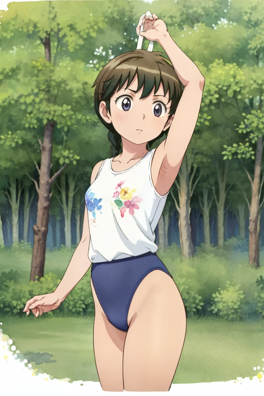 (masterpiece, best quality),  1girl , petites, loli, slim, wearing a Black gymnastics bloomers, High leg、white blouse, cowboy shot, in dark forest, serious,  watercolor,