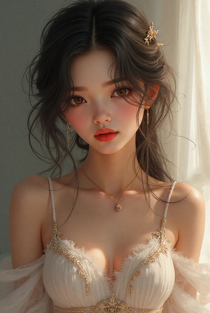 tmasterpiece，best qualtiy，（realisticlying，photo-realistic：1.37），8K，an extremely  delicate and beautiful，astounding，finedetail，offcial art，absurderes，Incredibly Ridiculous res，hugefilesize，ultra - detailed，extremely detaile，Beautiful Meticulous Girl，1girll，（perfect female shape），full bodyesbian，C-cup ???????，Pink cream patch，with black curled hair, Princess room, Lie flat position, Lips are tightly closed, pink ?????