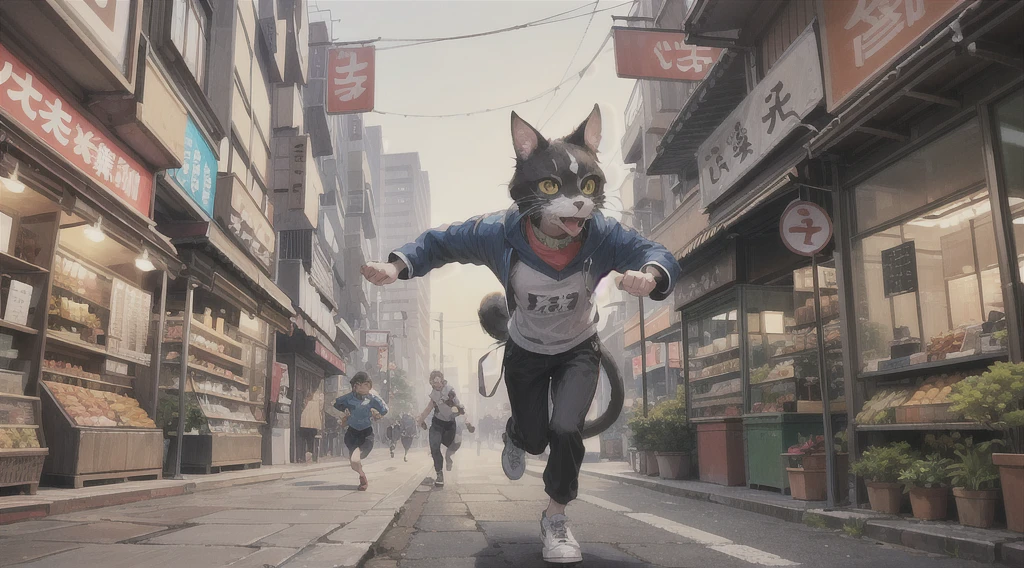 A photorealistic 3D detailed character, jogging pose, neko cat style, eccentric sneakers, hyperrealistic, cinematic lighting, highly detailed, intricate textures, dynamic motion blur, 4K, hyper detailed