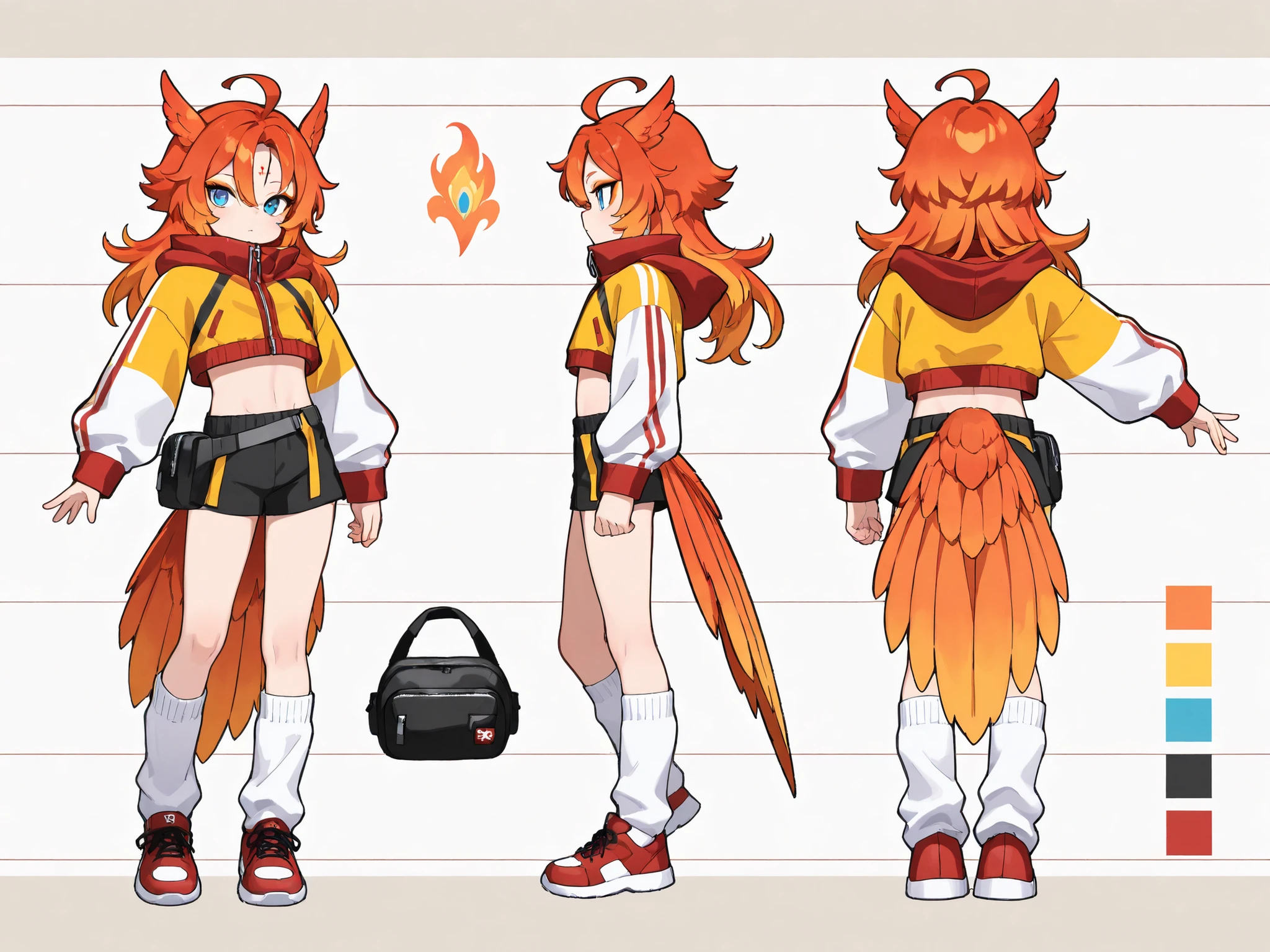(masterpiece, detailed:1.2), 1boy, ahoge, androgynous, animal ears, animal tail, bag, bird ears, bird tail, black shorts, blue eyes, character sheet, color guide, cropped jacket, eyeshadow, facial mark, fanny pack, feathered hair, forehead mark, from behind, from side, full body, hair between eyes, high collar jacket, hood, hood down, hooded jacket, jacket, kneehighs, long hair, long sleeves, loose socks, makeup, midriff, multicolored hair, multicolored jacket, multiple views of the same character, orange eyeshadow, orange hair, orange jacket, phoenix boy, red hair, red hood, red shoes, shirt, shoes, shorts, shota, socks, streetwear, summer color palette, trap, two-tone jacket, yellow jacket,