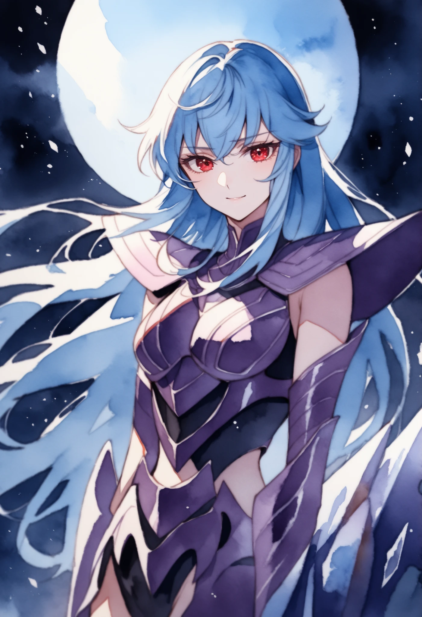 (high-quality, breathtaking),(expressive eyes, perfect face), 1girl, female, solo, armor, dark onyx purple armor, saint seiya armor, spectre armor, fantasy armor, light cyan blue hair, long hair, red eyes, ( watercolor \(medium\), night sky background, ice, small smile