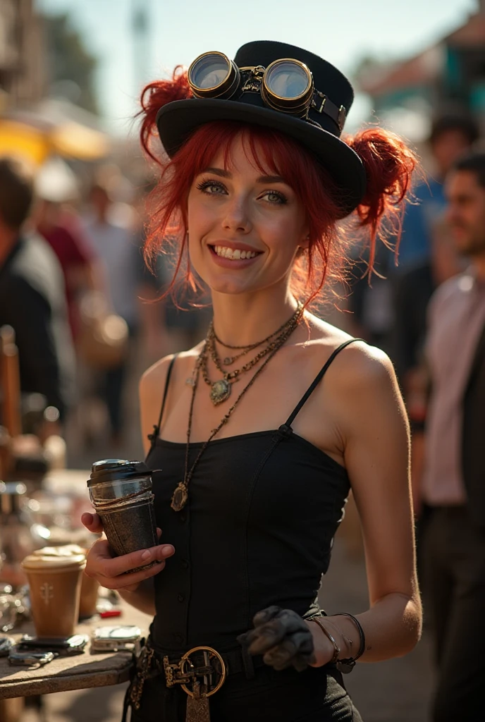 (photo of female citizen:1.3) 1girl, solo, small , looking at viewer, smile, hair ornament, , dress,  shoulders, jewelry, collarbone, upper body, red hair, flower, teeth, solo focus, hair flower, necklace, blurry, strapless, tattoo, depth of field, blurry background, (realistic:1.3) crowd, (in a medieval tavern:1.1), 8k, cinematic, fantasy
