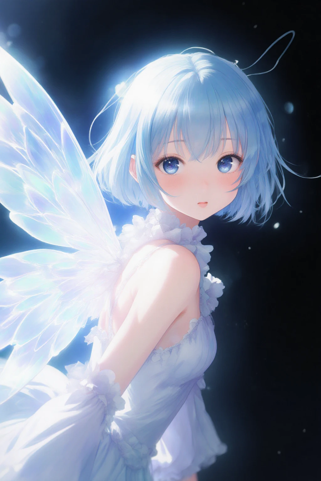 masterpiece、Highest quality、Beautiful expression、Absurd、Extraordinary World、Beauty、solo、Idol、(Cowboy Shot、Light blue ruffle lace long dress、white collar、White Ruffled Cuff、particle:1.5)、(bloom、Shine:1.4)、(Laughter)、(Short white hair、blue eyes:1.7)、Sharp focus、Photorealistic、High resolution、Most detailed、Very detailed、Detailed face and eyes、Sharp pupils、Realistic student、Sharp focus、 Shiny skin、Black Corset、Black pantyhose、(Dark Forest、moon、Dark Background:1.5)、Rim Light、dynamic, Cinema Lighting
