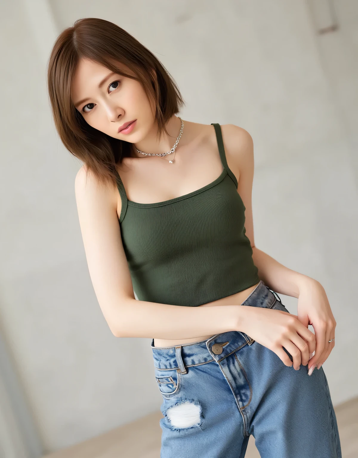 Mai Shiraishi, top quality, ultra-realistic, single woman, perfect anatomy, perfect fingers, slim body, toned waist, thin thighs, heavily ripped washed denim jeans fastened with safety pins, slim ivy green tank top, silver choker necklace, asymmetrical haircut, raw punk feel, (((takes off clothes and pulls down denim pants: 1.9)))
