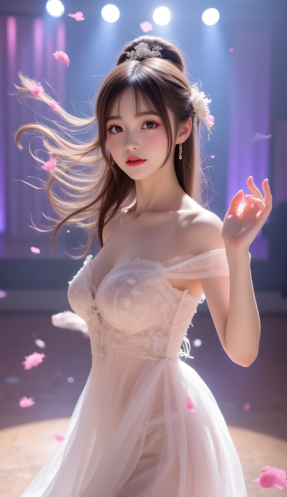 1 girl, 19 years old, ((city in Vietnam)), dark brown hair, purple eyes, hair ornament, white dance short dress ((cowboy photo)), ((bare shoulders)), ((short skirt)), realistic detailed photo of a plumple breasted girl with exposed shoulders, detailed fingers, high quality skin, blue eyes, dancing on stage, dance floor, wind and flying hair, (best quality, 4k, 8k, high resolution, masterpiece: 1.2), extremely detailed, (realistic, photorealistic, photorealistic: 1.37), studio lighting, vivid colors.