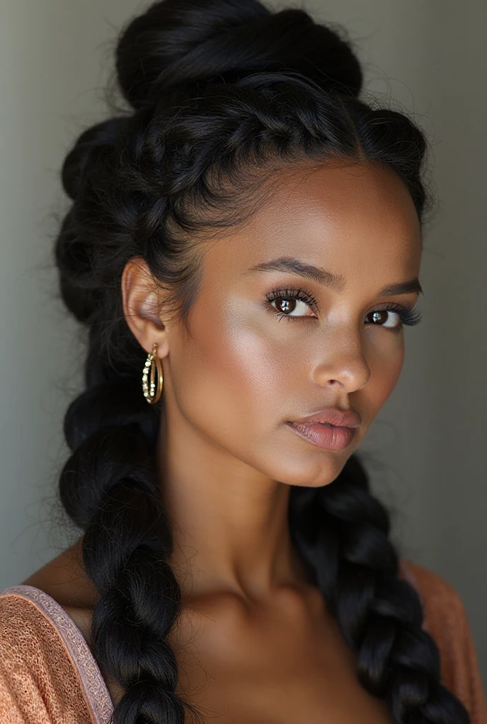 best quality, high detail, (detailed face), detailed eyes,((best quality, masterpiece)), ((2 caramel skinned African girl)), completely , (arms at side:1.2), groin,big hip bones, braids, black hair, (((showing  boobs))), standing, in the room, facing to the camera, full , barefoot, completely , 