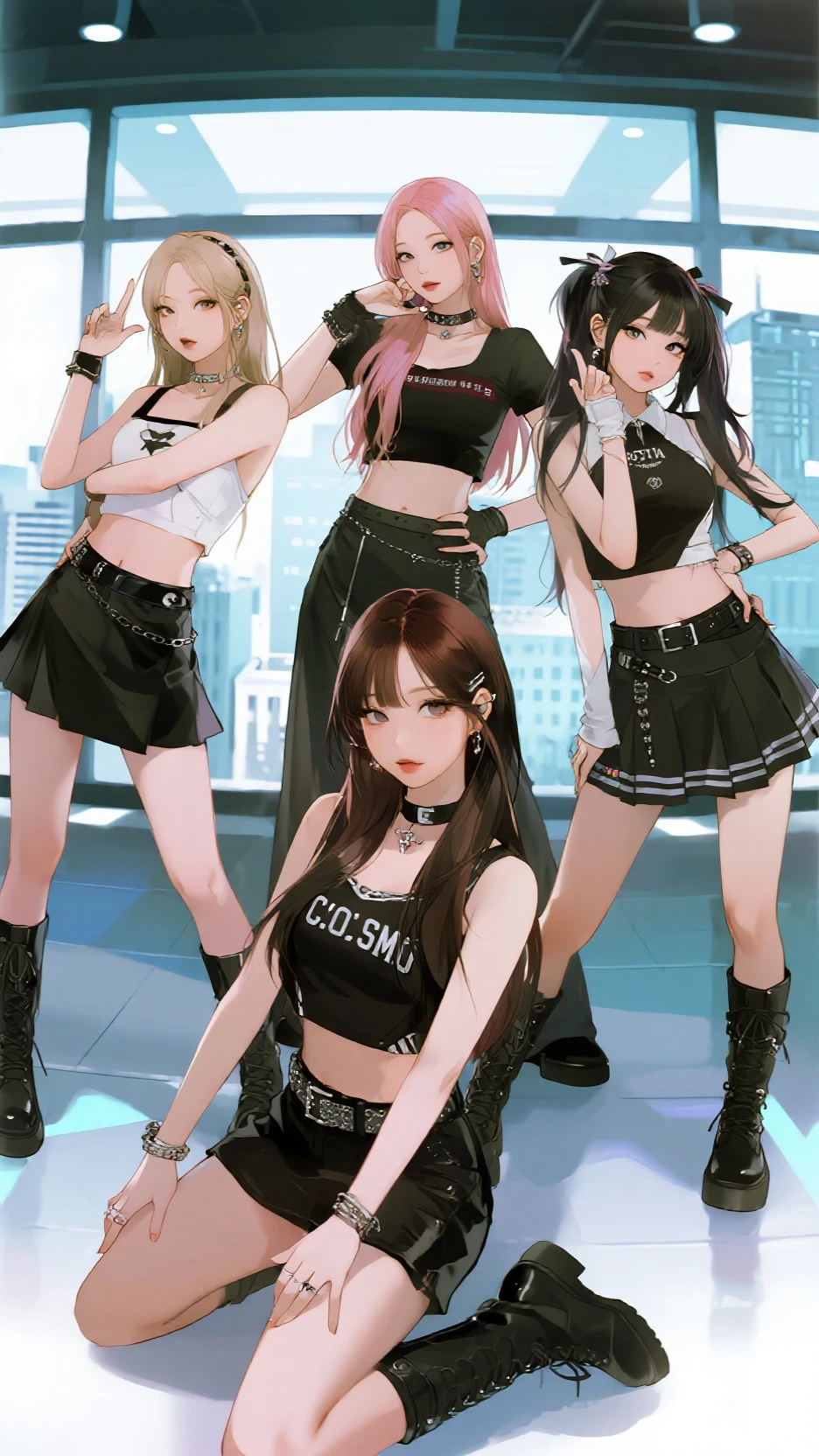 Golden brown eyes, hair as black as night, huge and prominent arm muscles, huge and prominent abdominal muscles, large and prominent , sculpted legs with huge muscles, wearing shiny black clothes, a T-shirt, a tight skirt, long socks, and high-heeled shoes, 4K resolution.,Bright white skin