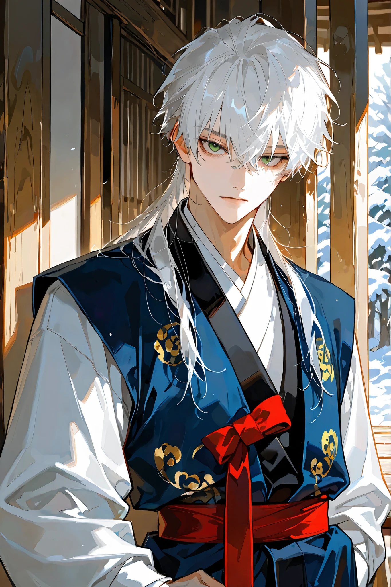 close up, messy navy white hair ,only one male , a cutting impression, Icy glare, handsome male, lean gaunt build, winter forest green eyes, messy dark navy hair, wearing a loose faded jade-colored durumagi (overcoat) over a disheveled jeogori(old Korean clothes) and baji,a old blue jokki (vest), a red sash (tti) tied around his waist,more close up, only one man, Background is a rainy wooden temple porch, looking at viewer